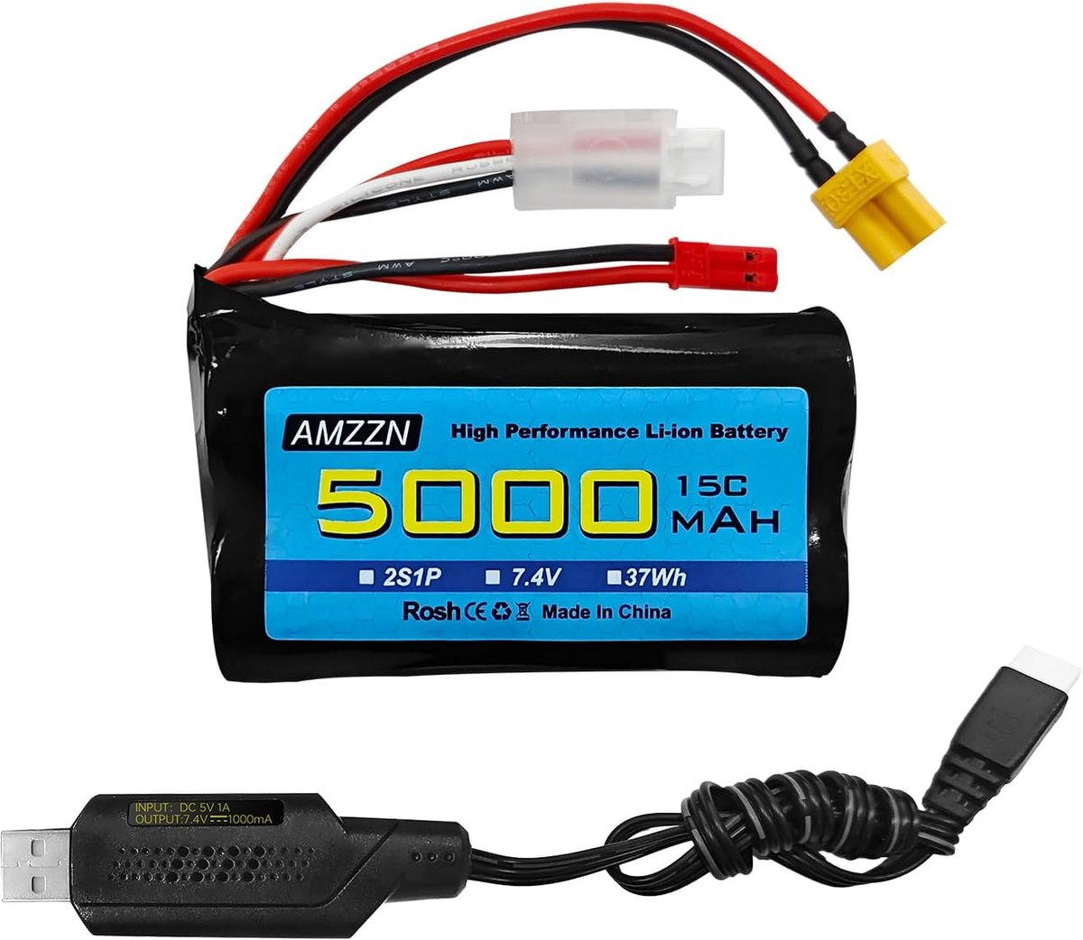 7.4V 5000mAh 2S Li-Ion battery with JST plug and XT30 plug, equipped with USB charging cable, suitable for TX16S - ShopVlot