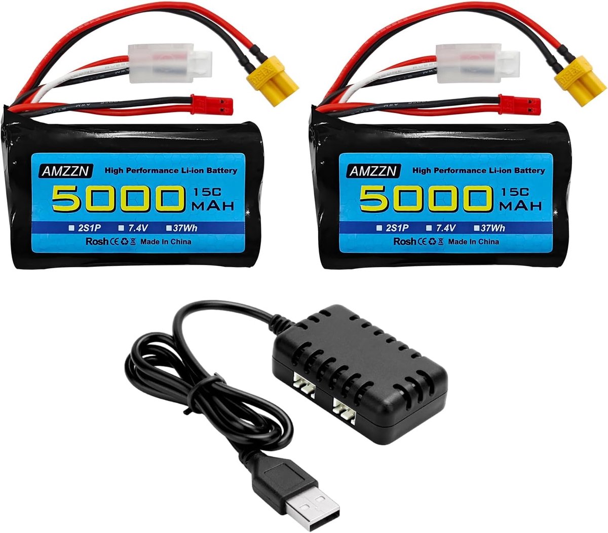 2 pieces 7.4 V 5000 mAh 2S lithium-ion battery with JST plug and XT30 plug, equipped with 2 in 1 charger, suitable for - ShopVlot