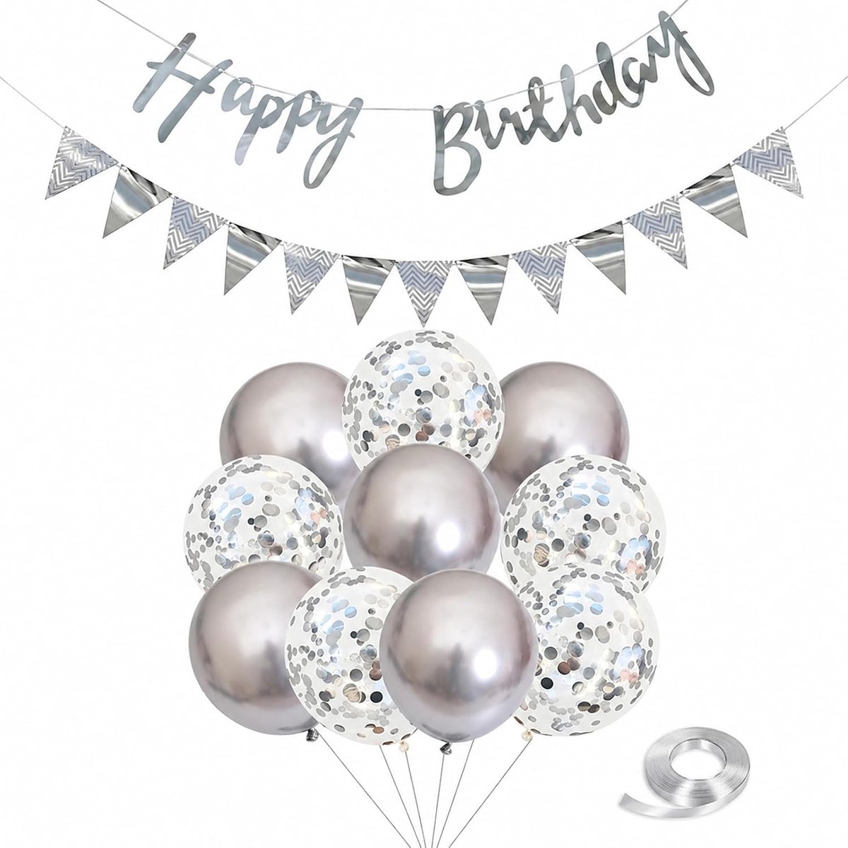 Silverene Balloons Silver Set of 12 Birthday Decoration Silver with Silverene Balloons and Happy Birthday Garland - ShopVlot