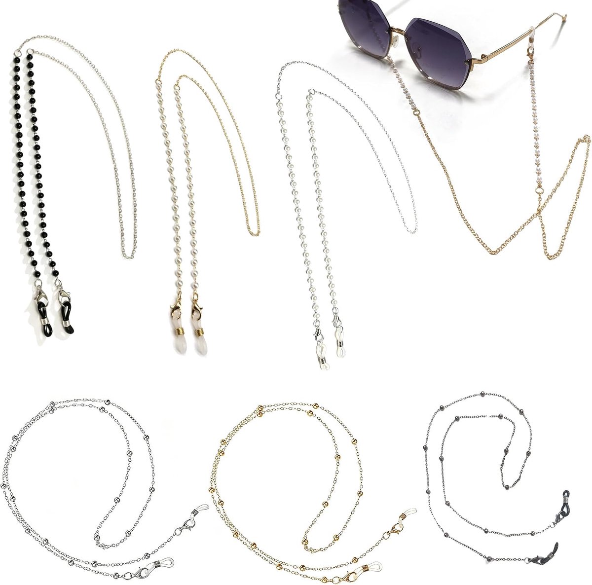 6 stuks brillenketting dames, elegante brillenband dames, pareldesign, brilketting goud zilver, modieuze dunne - ShopVlot
