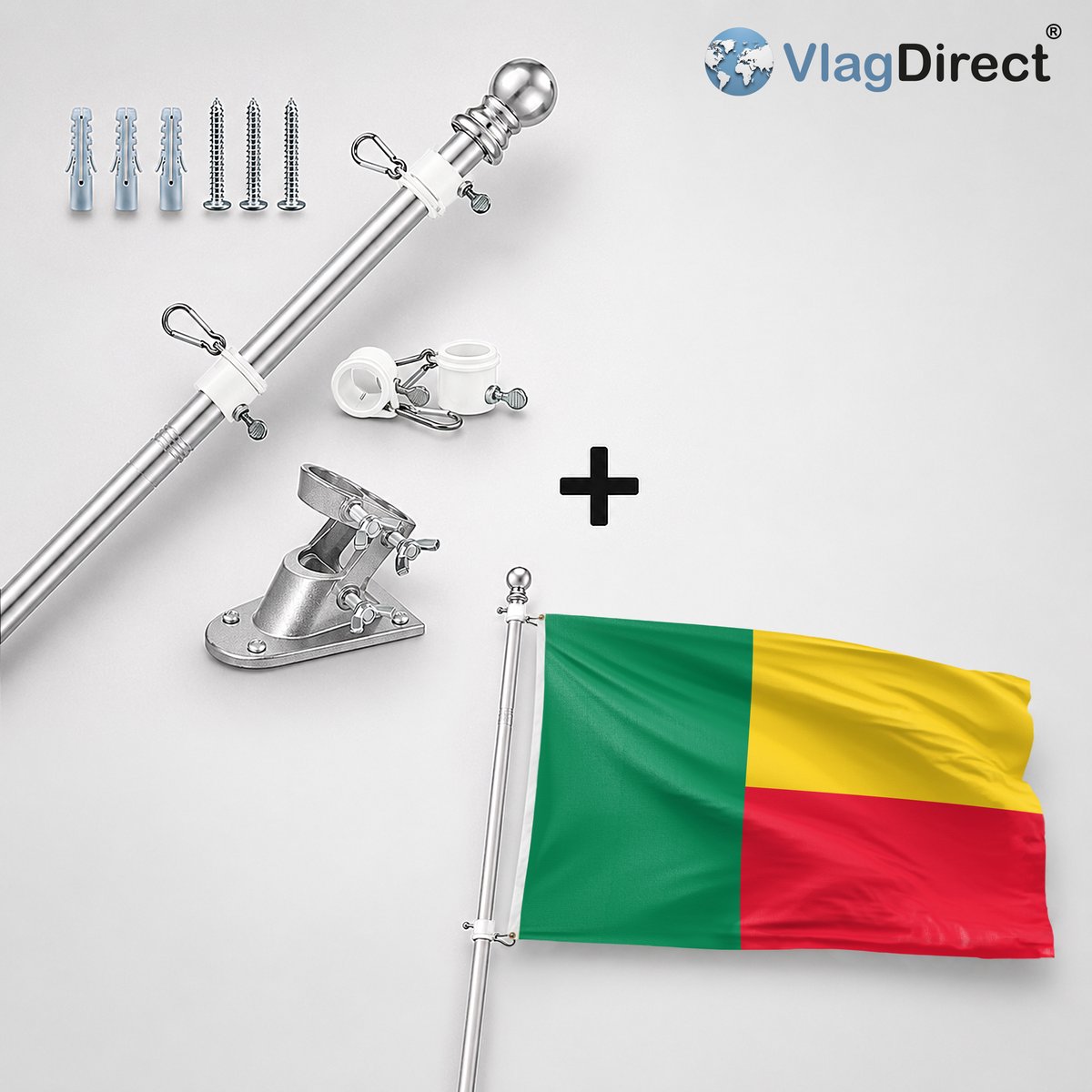 VlagDirect - Compleet vlaggenpakket - Zilveren vlaggenstok inclusief vlaggenstokhouder + Beninse vlag - Benin vlag - 90 x 150 cm.