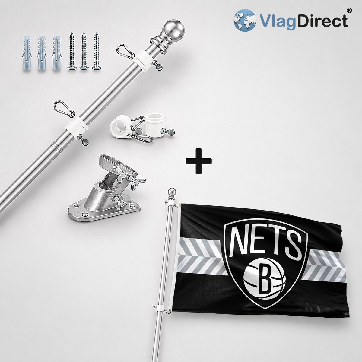 VlagDirect - Compleet vlaggenpakket - Zilveren vlaggenstok inclusief vlaggenstokhouder + Brooklyn Nets vlag - Brooklyn Nets basketbalteam vlag - 90 x 150 cm.