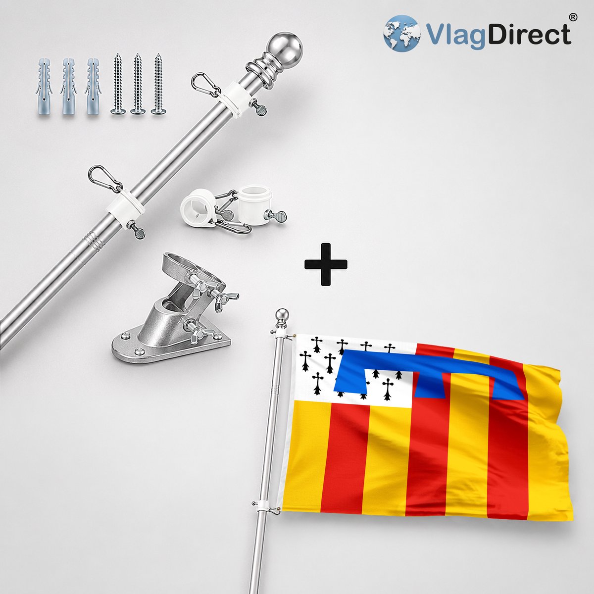 VlagDirect - Compleet vlaggenpakket - Zilveren vlaggenstok inclusief vlaggenstokhouder + Retiese vlag - Gemeente Retie vlag - 90 x 150 cm.