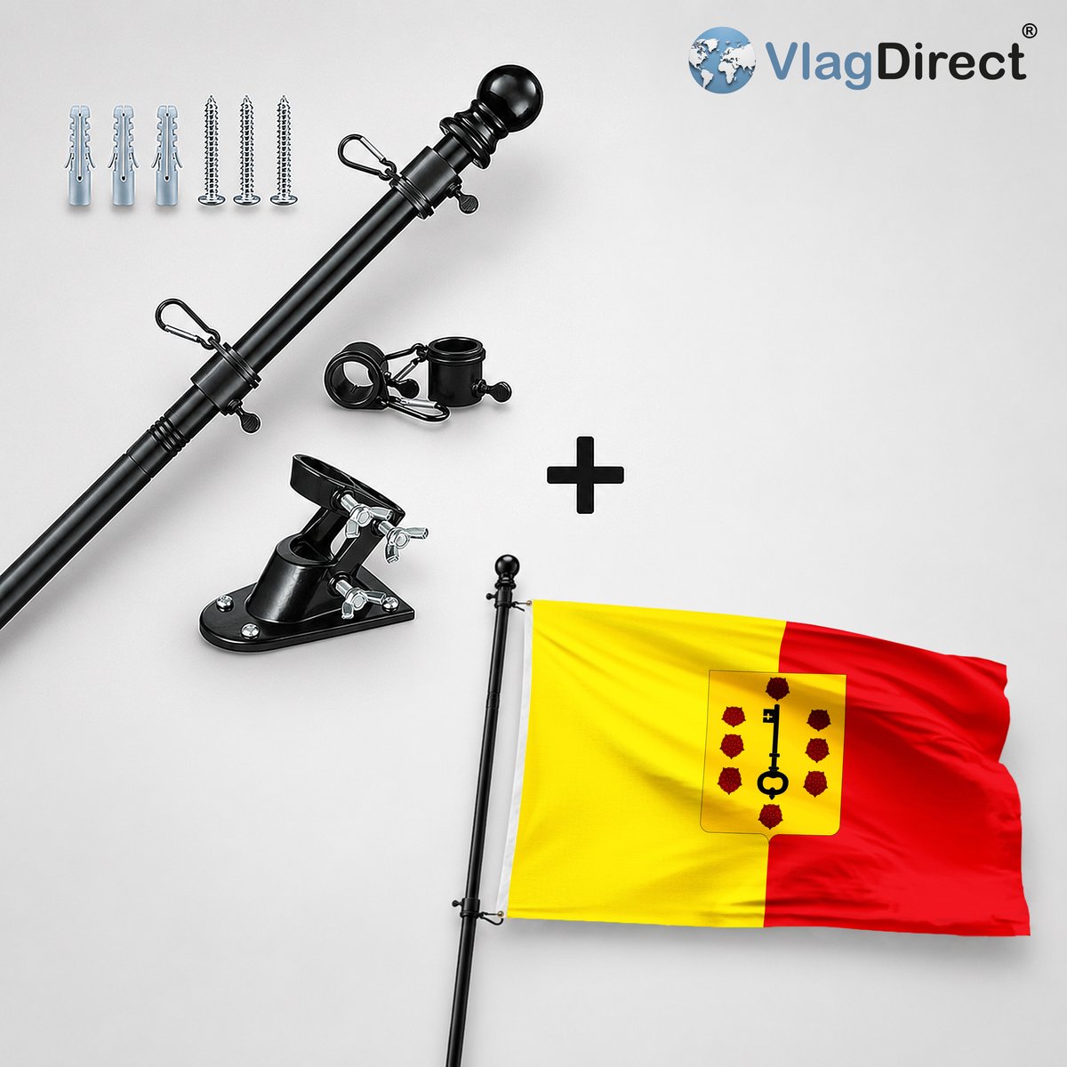 VlagDirect - Compleet vlaggenpakket - Zwarte vlaggenstok inclusief vlaggenstokhouder + Komense vlag - Gemeente Komen-Waasten vlag - 90 x 150 cm.