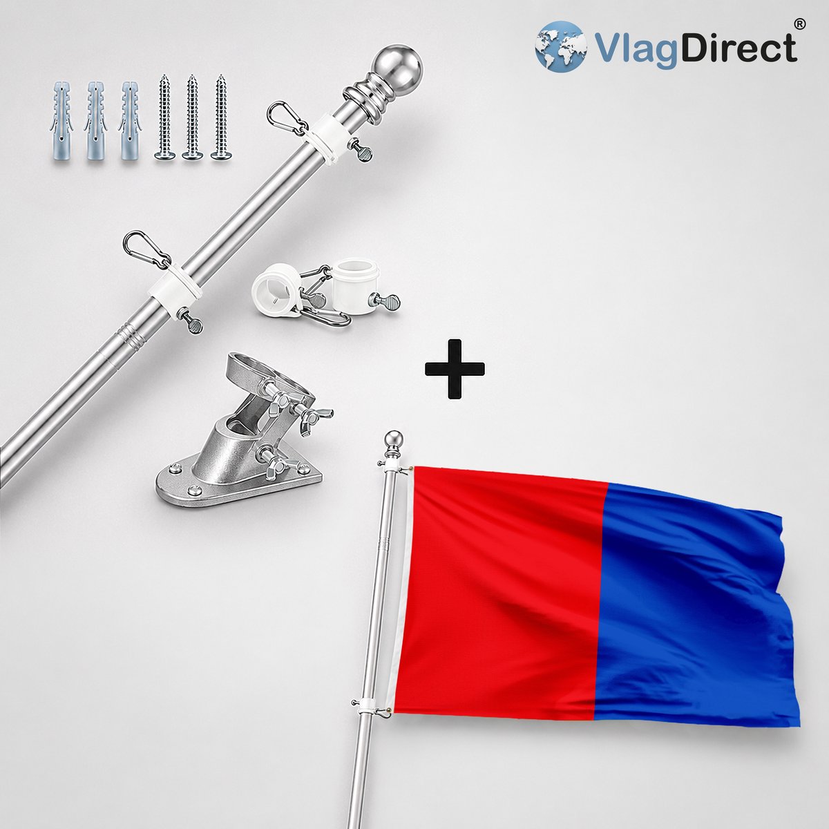 VlagDirect - Compleet vlaggenpakket - Zilveren vlaggenstok inclusief vlaggenstokhouder + Bastenaakse vlag - Gemeente Bastenaken vlag - 90 x 150 cm.