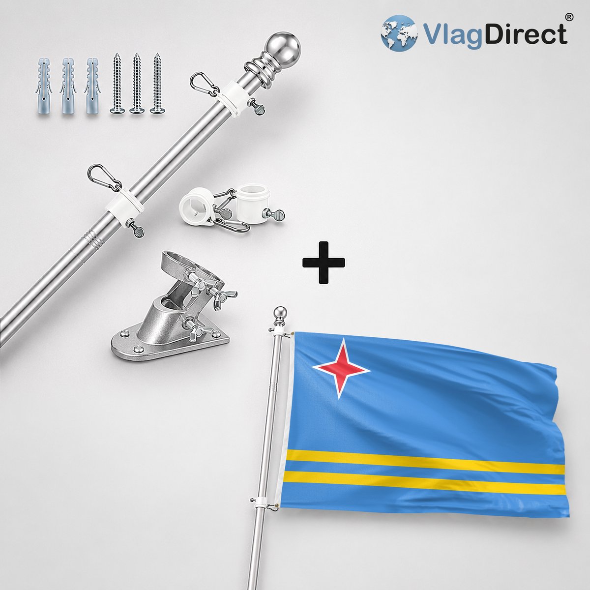 VlagDirect - Compleet vlaggenpakket - Zilveren vlaggenstok inclusief vlaggenstokhouder + Arubaanse vlag - Aruba vlag - 90 x 150 cm.