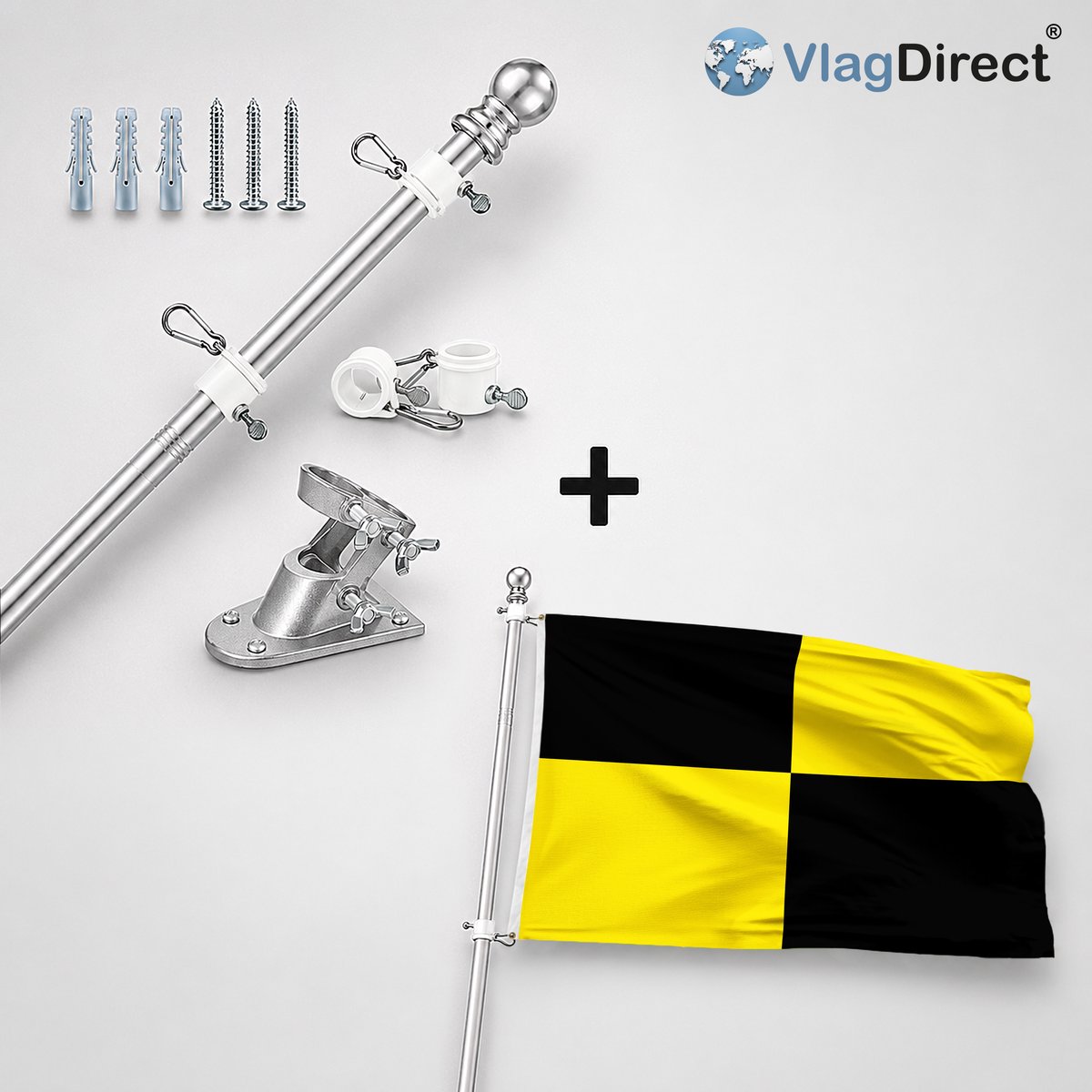 VlagDirect - Compleet vlaggenpakket - Zilveren vlaggenstok inclusief vlaggenstokhouder + Lubbeekse vlag - Gemeente Lubbeek vlag - 90 x 150 cm.