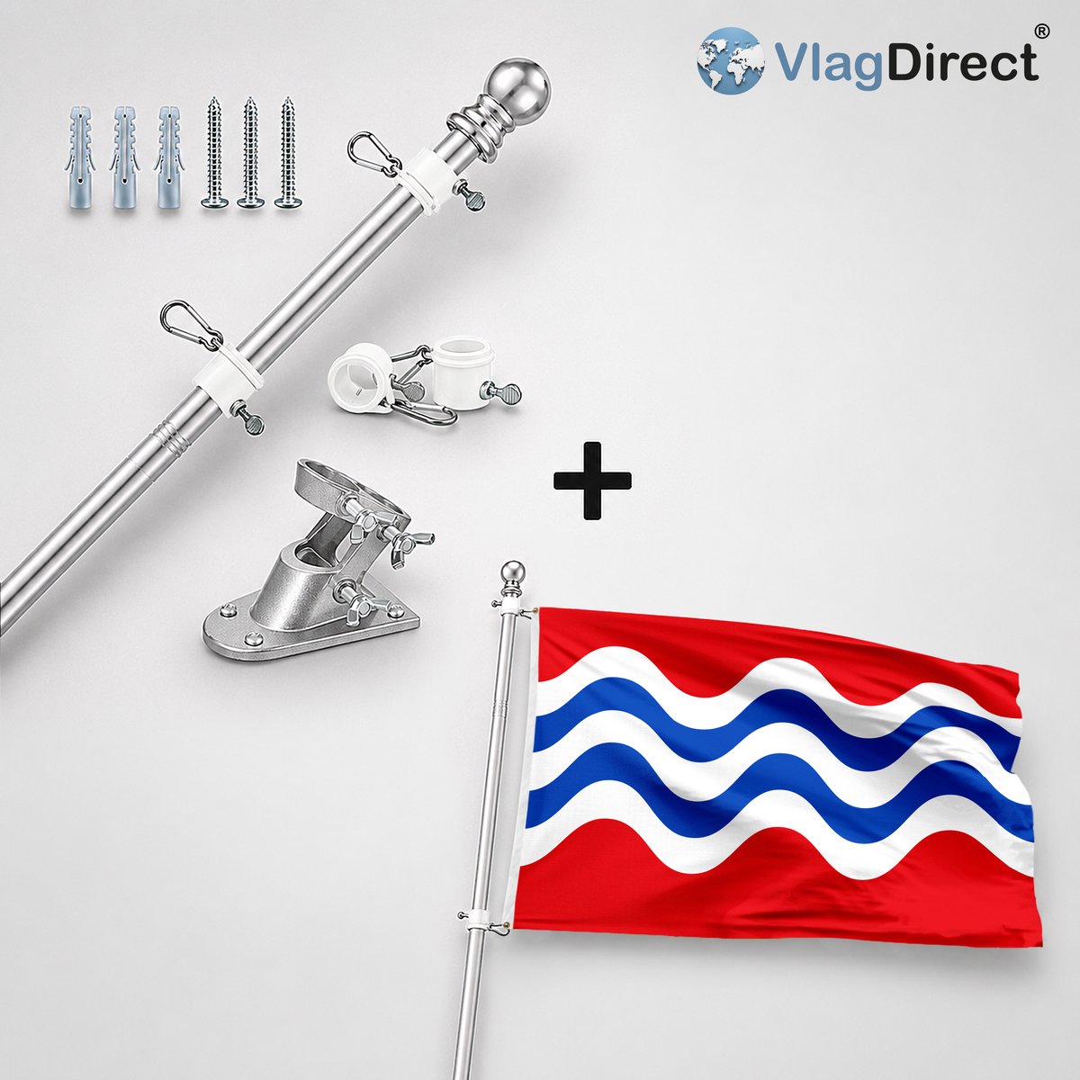 VlagDirect - Compleet vlaggenpakket - Zilveren vlaggenstok inclusief vlaggenstokhouder + Sint-Laureinse vlag - Gemeente Sint-Laureins vlag - 90 x 150 cm.