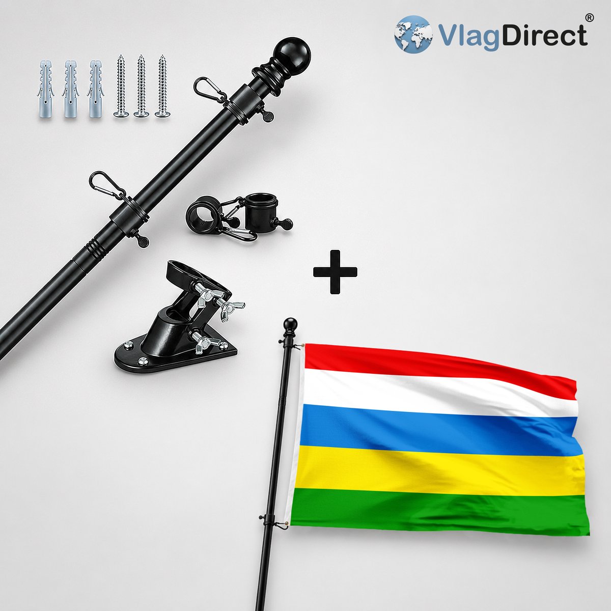 VlagDirect - Compleet vlaggenpakket - Zwarte vlaggenstok inclusief vlaggenstokhouder + Kortenbergse vlag - Gemeente Kortenberg vlag - 90 x 150 cm.