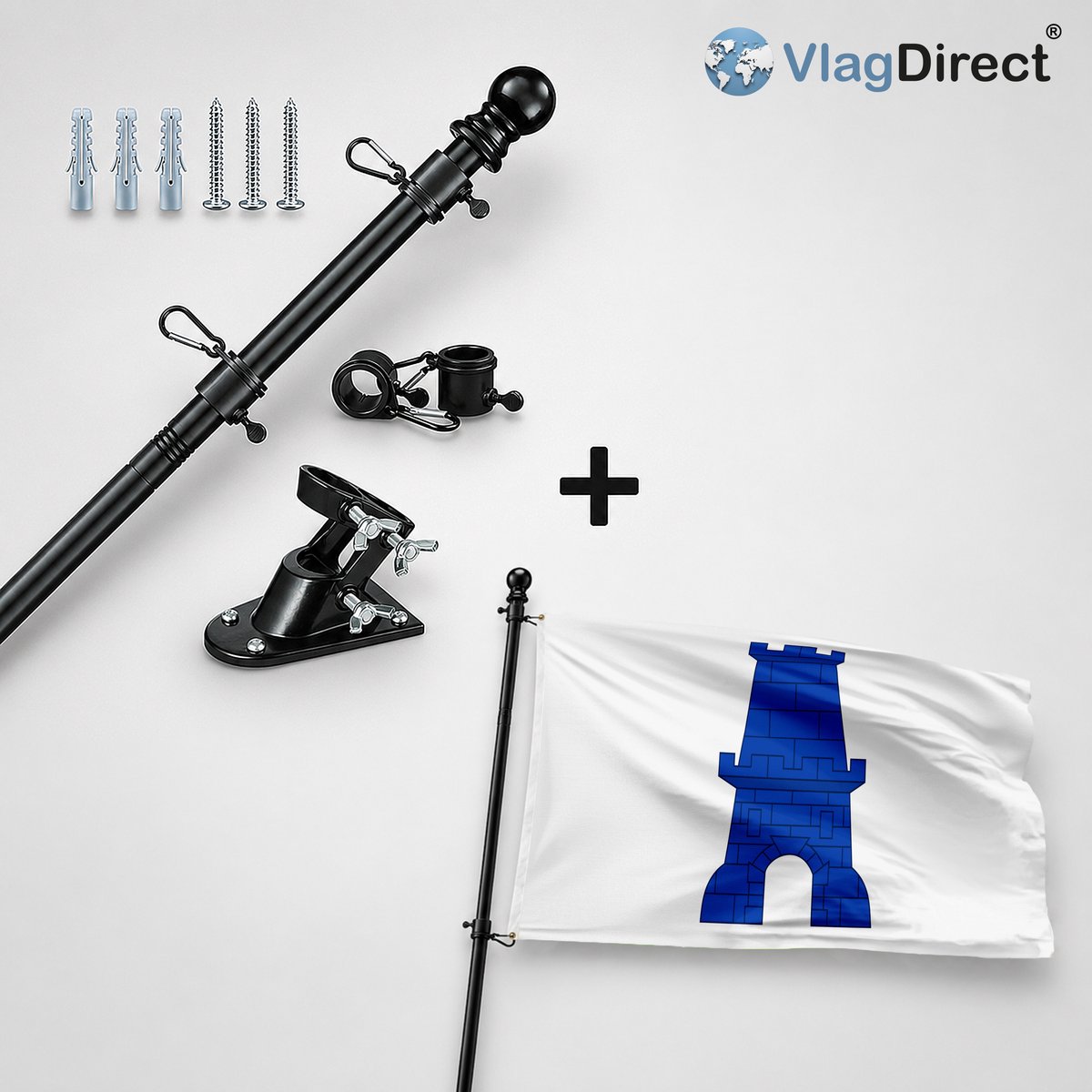 VlagDirect - Compleet vlaggenpakket - Zwarte vlaggenstok inclusief vlaggenstokhouder + Gingelomse vlag - Gemeente Gingelom vlag - 90 x 150 cm.
