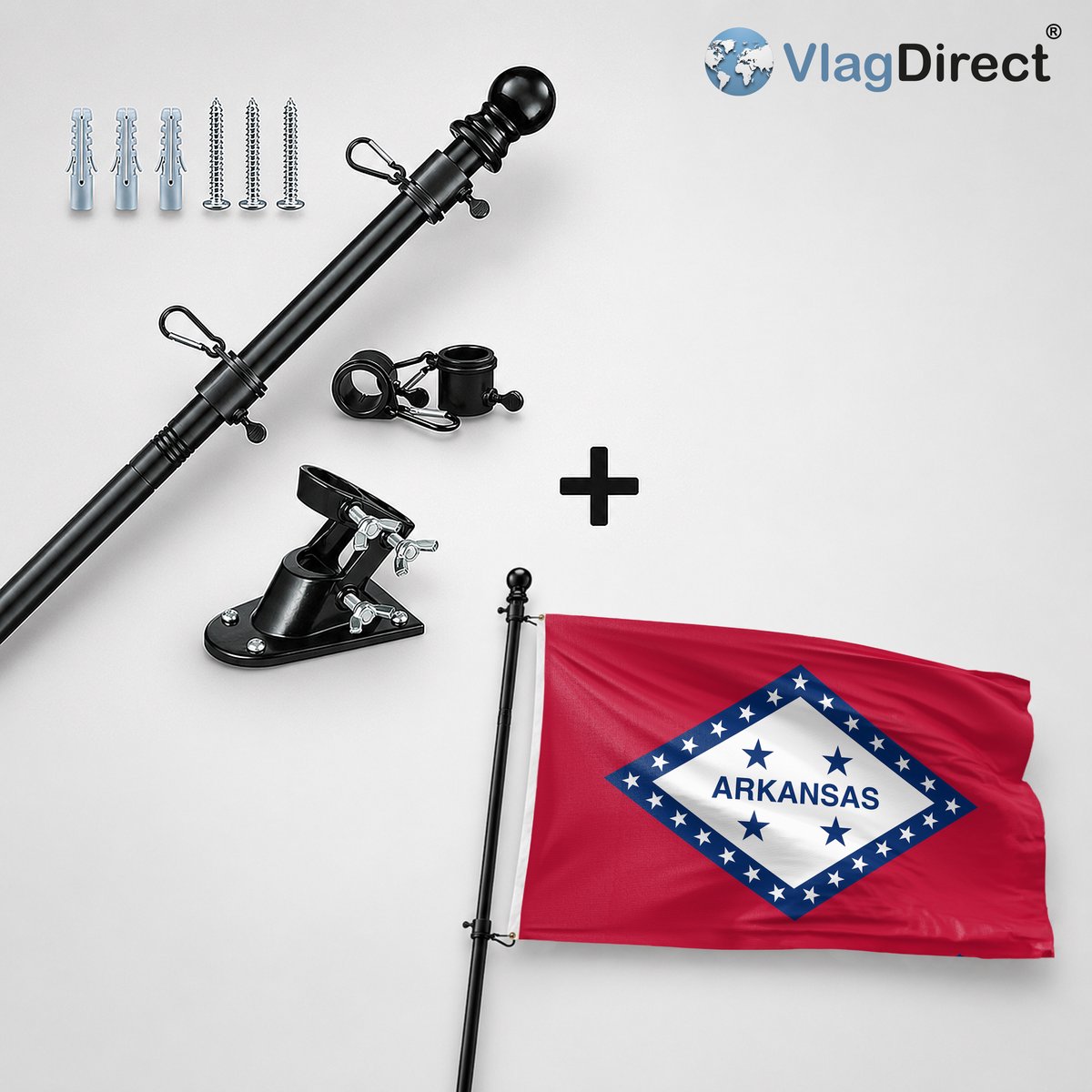 VlagDirect - Compleet vlaggenpakket - Zwarte vlaggenstok inclusief vlaggenstokhouder + Arkansas vlag - 90 x 150 cm.