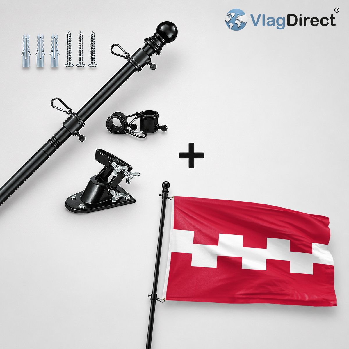 VlagDirect - Compleet vlaggenpakket - Zwarte vlaggenstok inclusief vlaggenstokhouder + Buren vlag - Gemeente Buren vlag - 90 x 150 cm.