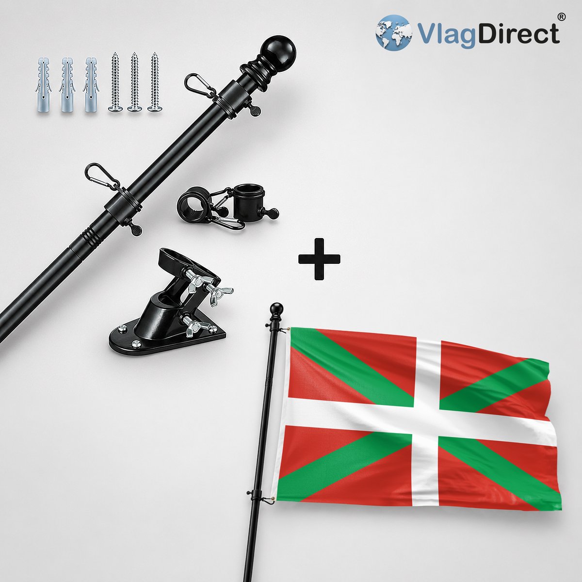 VlagDirect - Compleet vlaggenpakket - Zwarte vlaggenstok inclusief vlaggenstokhouder + Baskische vlag - Baskenland vlag - 90 x 150 cm.