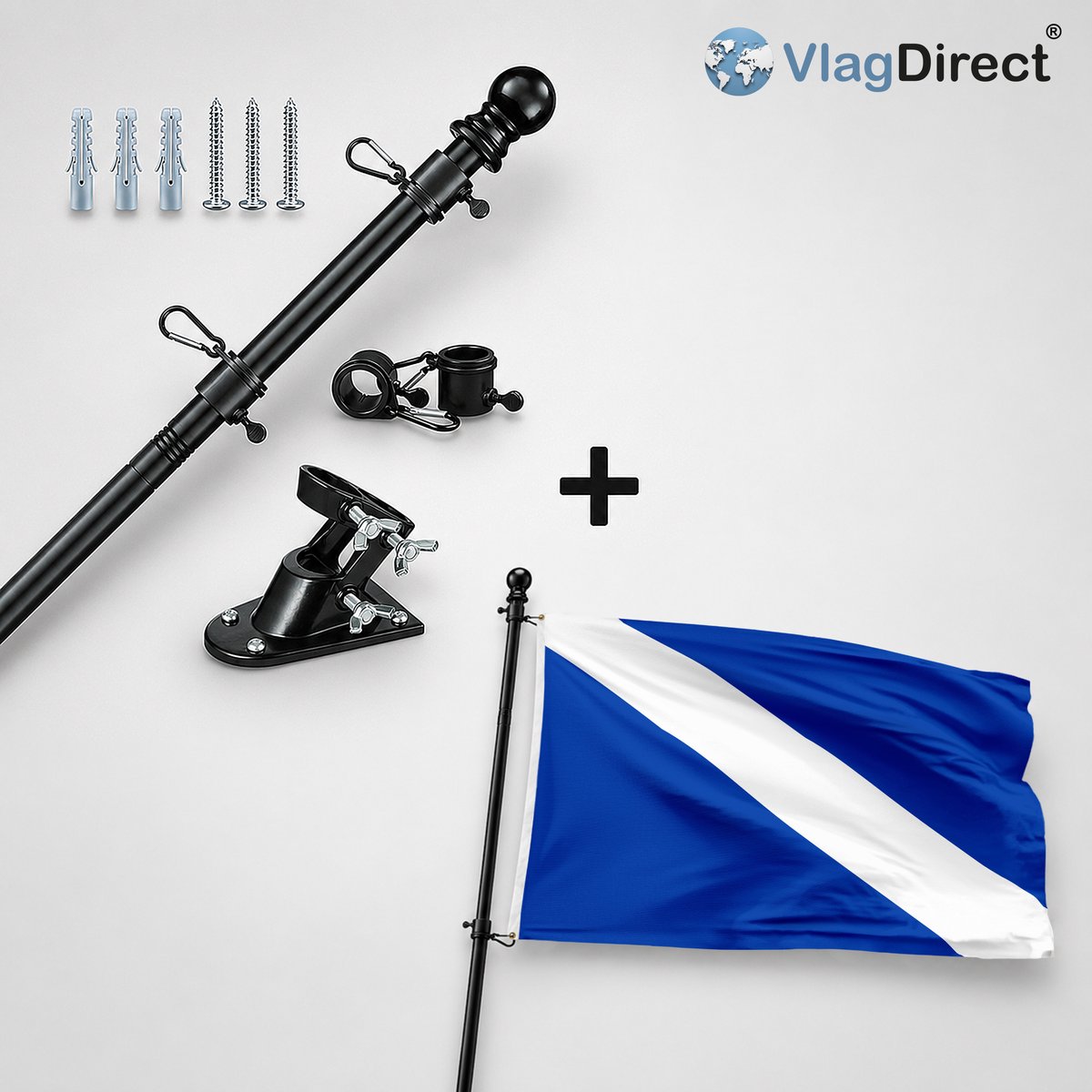 VlagDirect - Compleet vlaggenpakket - Zwarte vlaggenstok inclusief vlaggenstokhouder + Gemeente Wezet vlag - 90 x 150 cm.