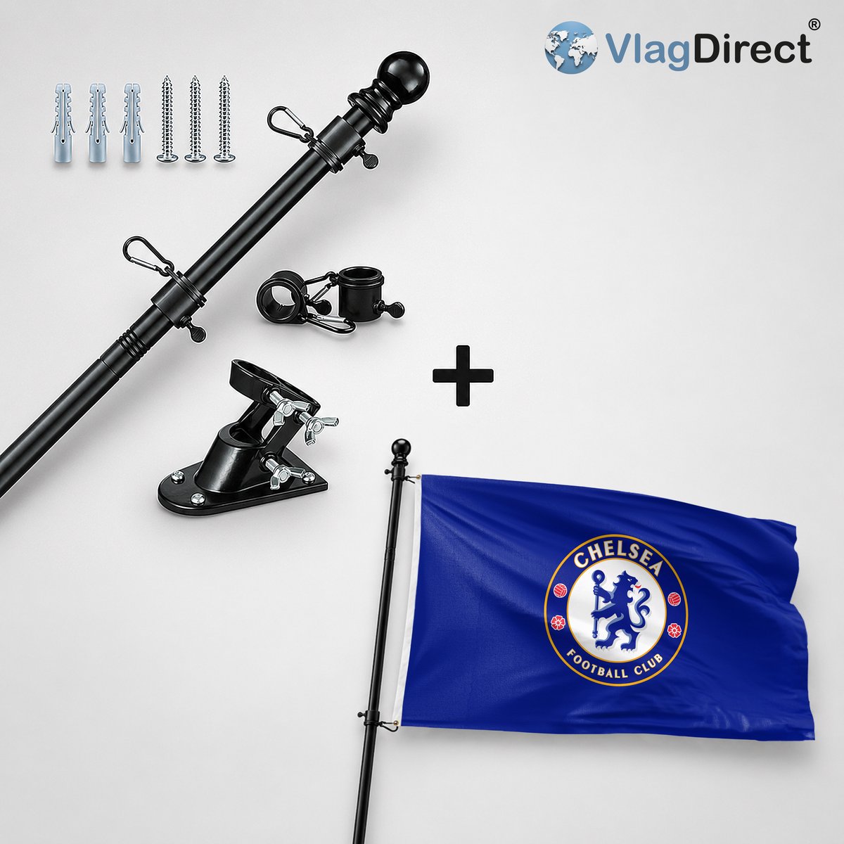 VlagDirect - Compleet vlaggenpakket - Zwarte vlaggenstok inclusief vlaggenstokhouder + Chelsea F.C. vlag - 90 x 150 cm.