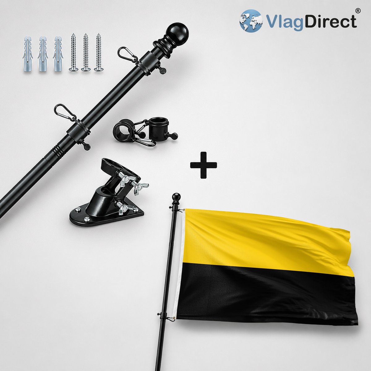 VlagDirect - Compleet vlaggenpakket - Zwarte vlaggenstok inclusief vlaggenstokhouder + Tiel vlag - Gemeente Tiel vlag - 90 x 150 cm.