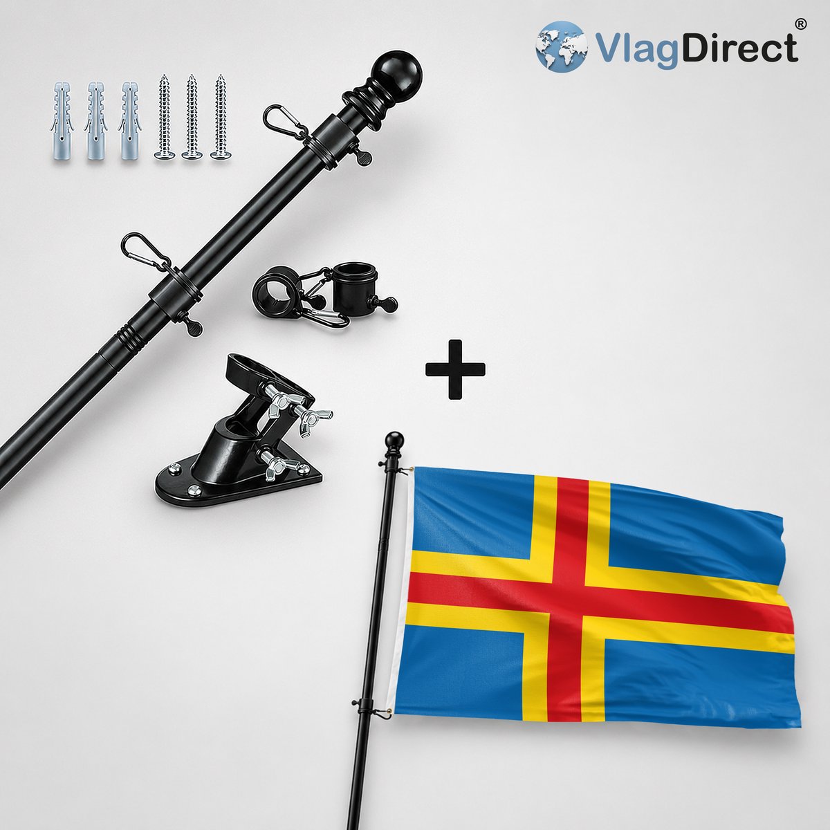VlagDirect - Compleet vlaggenpakket - Zwarte vlaggenstok inclusief vlaggenstokhouder + Alandse vlag - Aland vlag - 90 x 150 cm.
