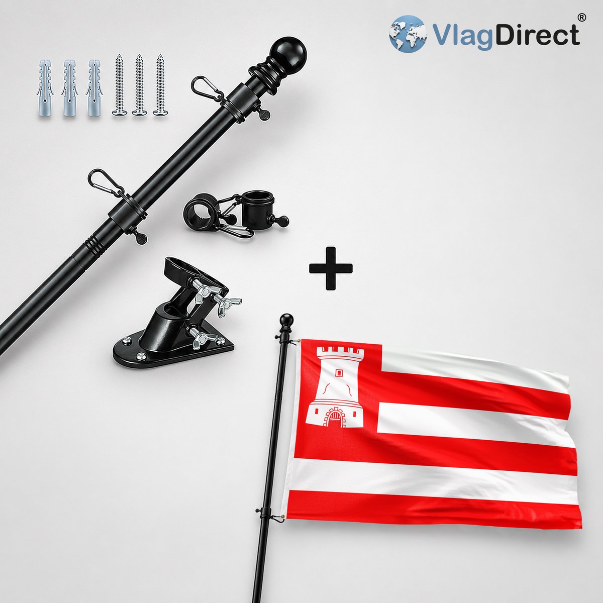 VlagDirect - Compleet vlaggenpakket - Zwarte vlaggenstok inclusief vlaggenstokhouder + Alkmaar vlag - Gemeente Alkmaar vlag - 90 x 150 cm.