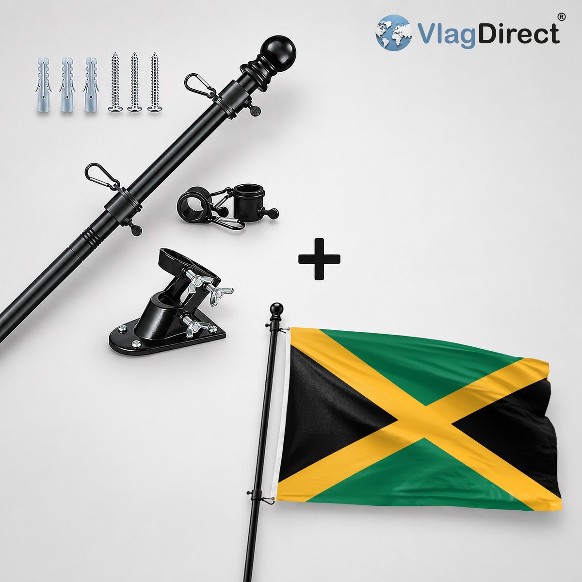 VlagDirect - Compleet vlaggenpakket - Zwarte vlaggenstok inclusief vlaggenstokhouder + Jamaicaanse vlag - Jamaica vlag - 90 x 150 cm.