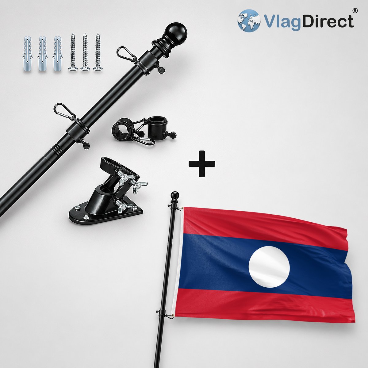 VlagDirect - Compleet vlaggenpakket - Zwarte vlaggenstok inclusief vlaggenstokhouder + Laotiaanse vlag - Laos vlag - 90 x 150 cm