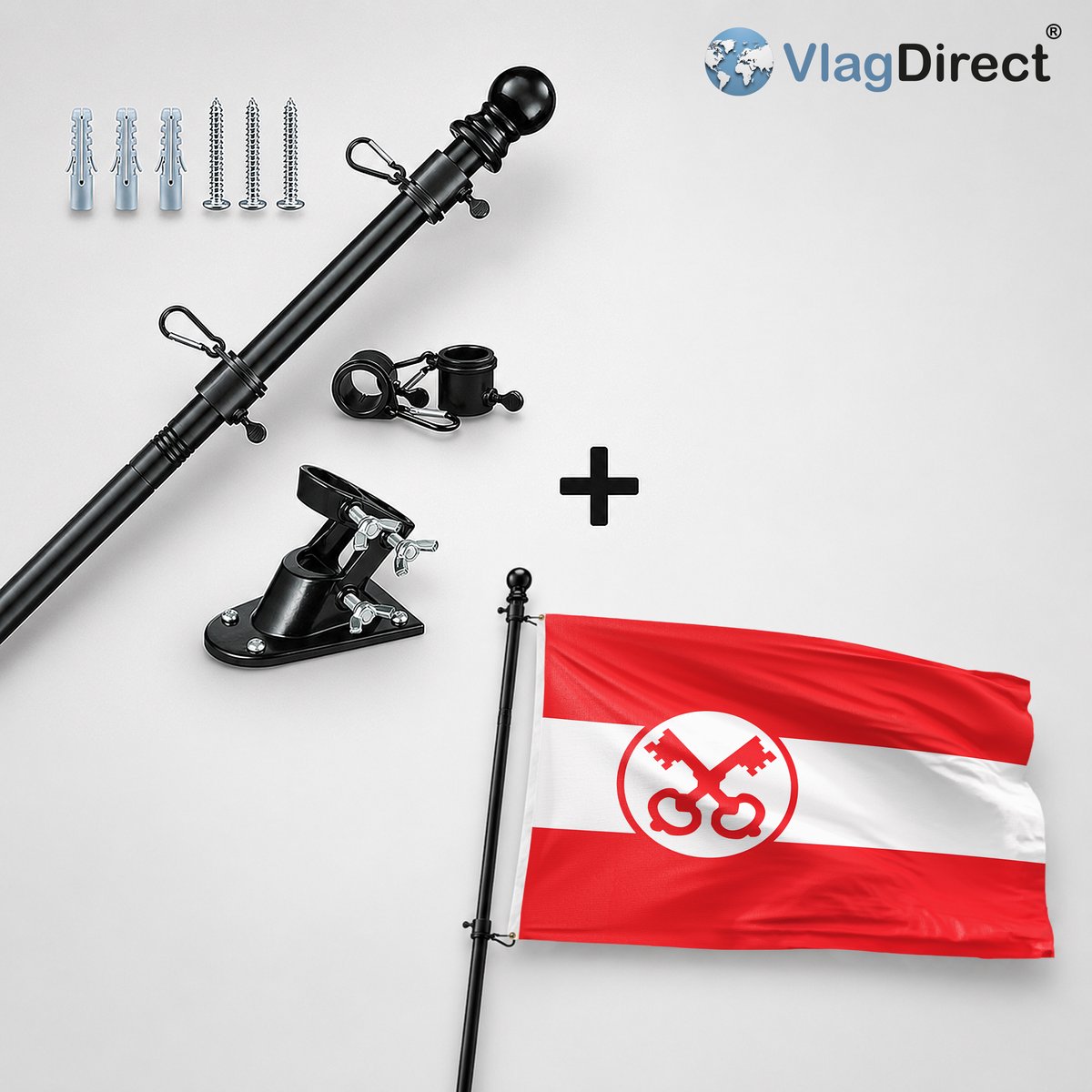 VlagDirect - Compleet vlaggenpakket - Zwarte vlaggenstok inclusief vlaggenstokhouder + Leiden vlag - Gemeente Leiden vlag - 90 x 150 cm.