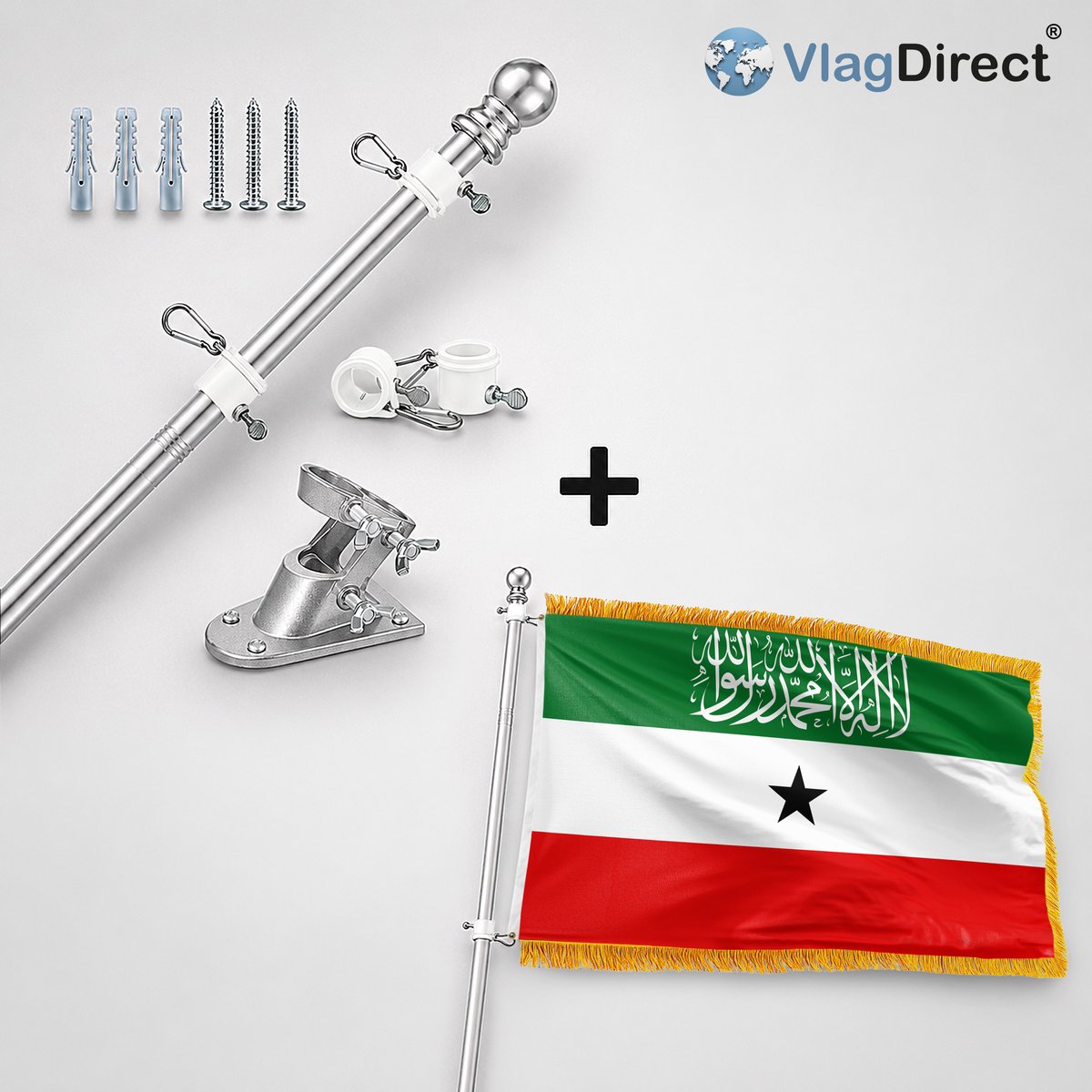 VlagDirect - Compleet vlaggenpakket - Zilveren vlaggenstok inclusief vlaggenstokhouder + Luxe Somalilandse vlag - Luxe Somaliland vlag - 90 x 150 cm - Franjes.