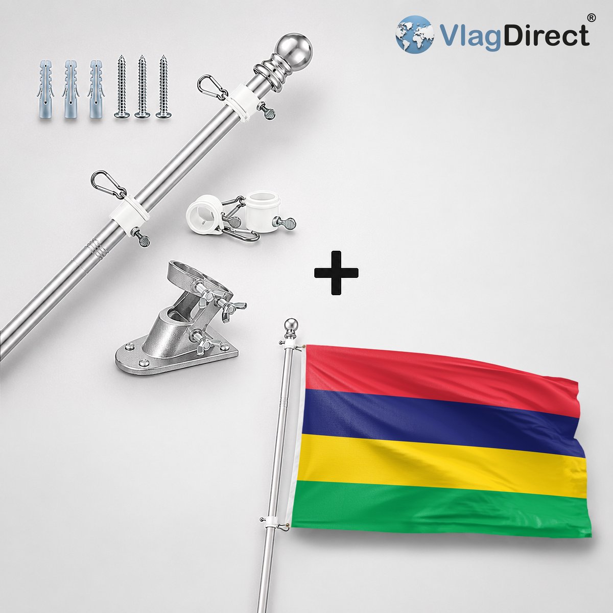 VlagDirect - Compleet vlaggenpakket - Zilveren vlaggenstok inclusief vlaggenstokhouder + Mauritiaanse vlag - Mauritius vlag - 90 x 150 cm
