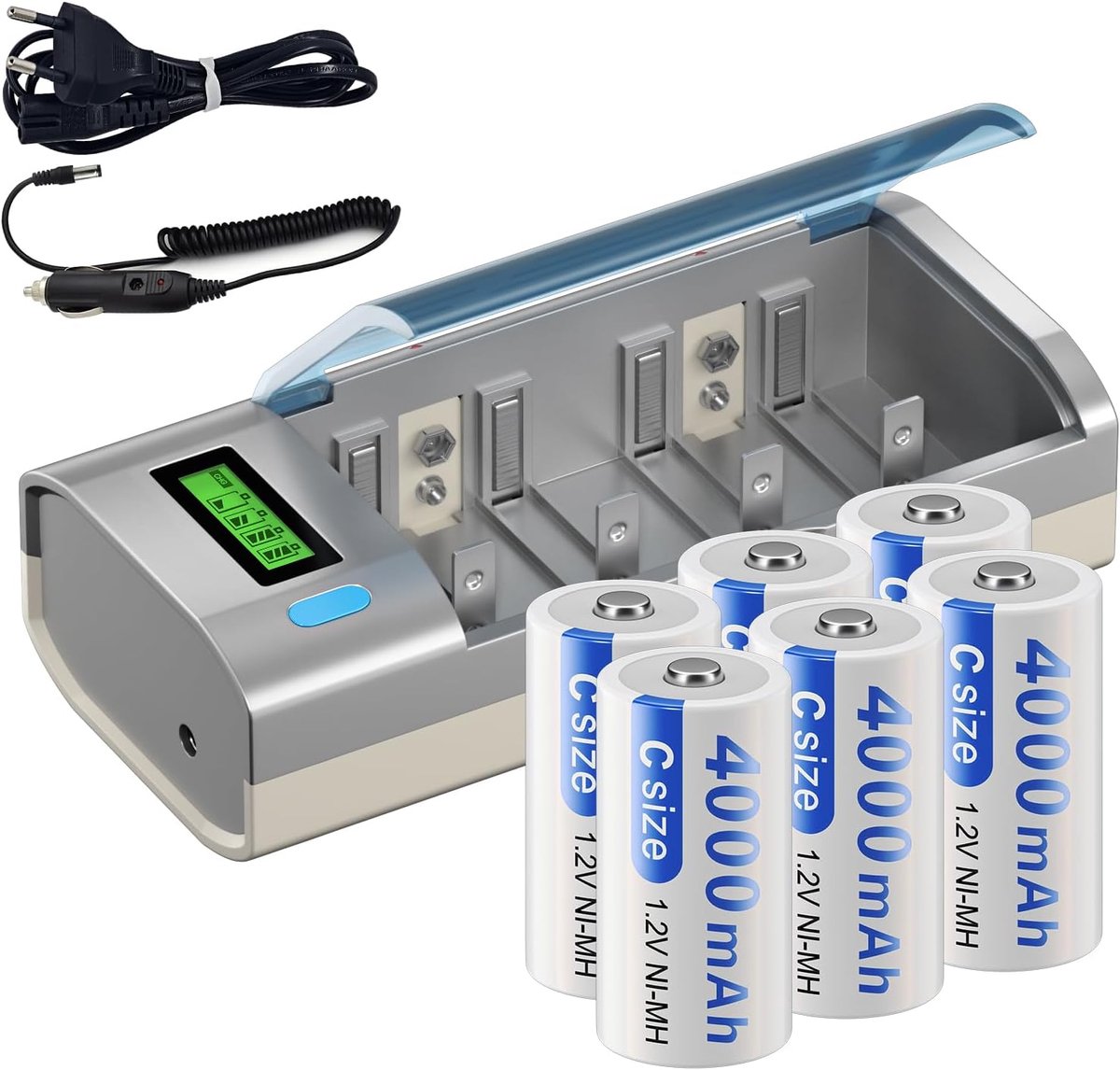 Baby C Batería Recargable con Cargador de batería Universal, 6 Piezas 4000 mAh, baterías C Recargables con Cargador de - ShopVlot