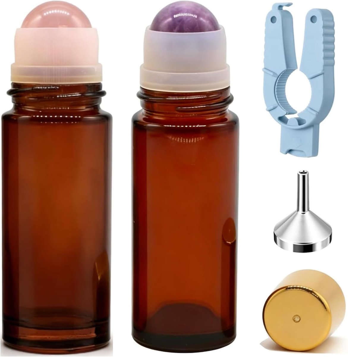 2x 50ml Lege Roll-On Flesjes Bruin Glas met Rozenkwarts & Amethist Roller – Navulbare Fles voor Essentiële Oliën, DIY - ShopVlot
