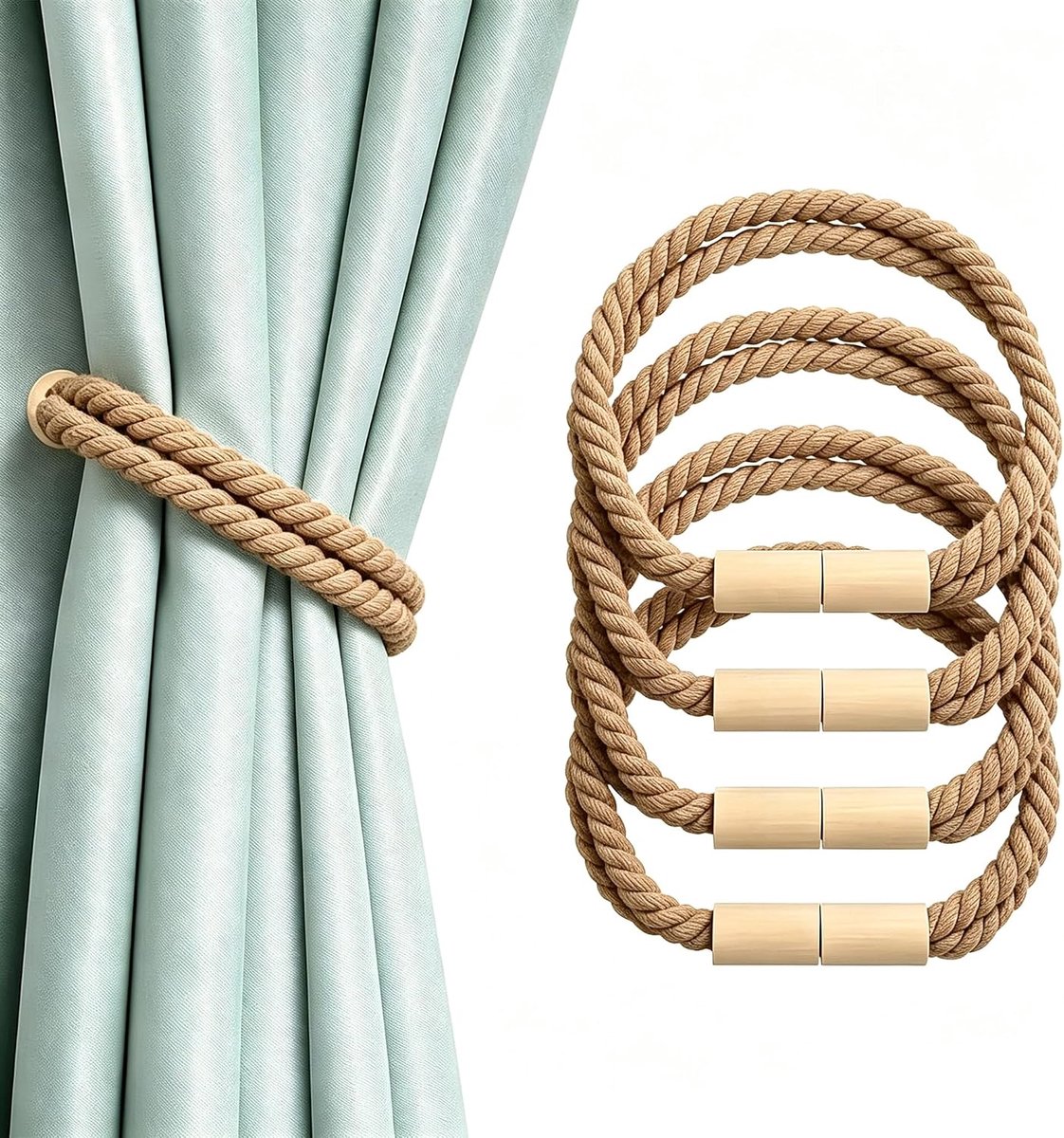 Magnetische gordijnhouders voor gordijnen, bruin, 50 cm, katoenen linnen koord, gordijnhouder, zonder boren, voor - ShopVlot