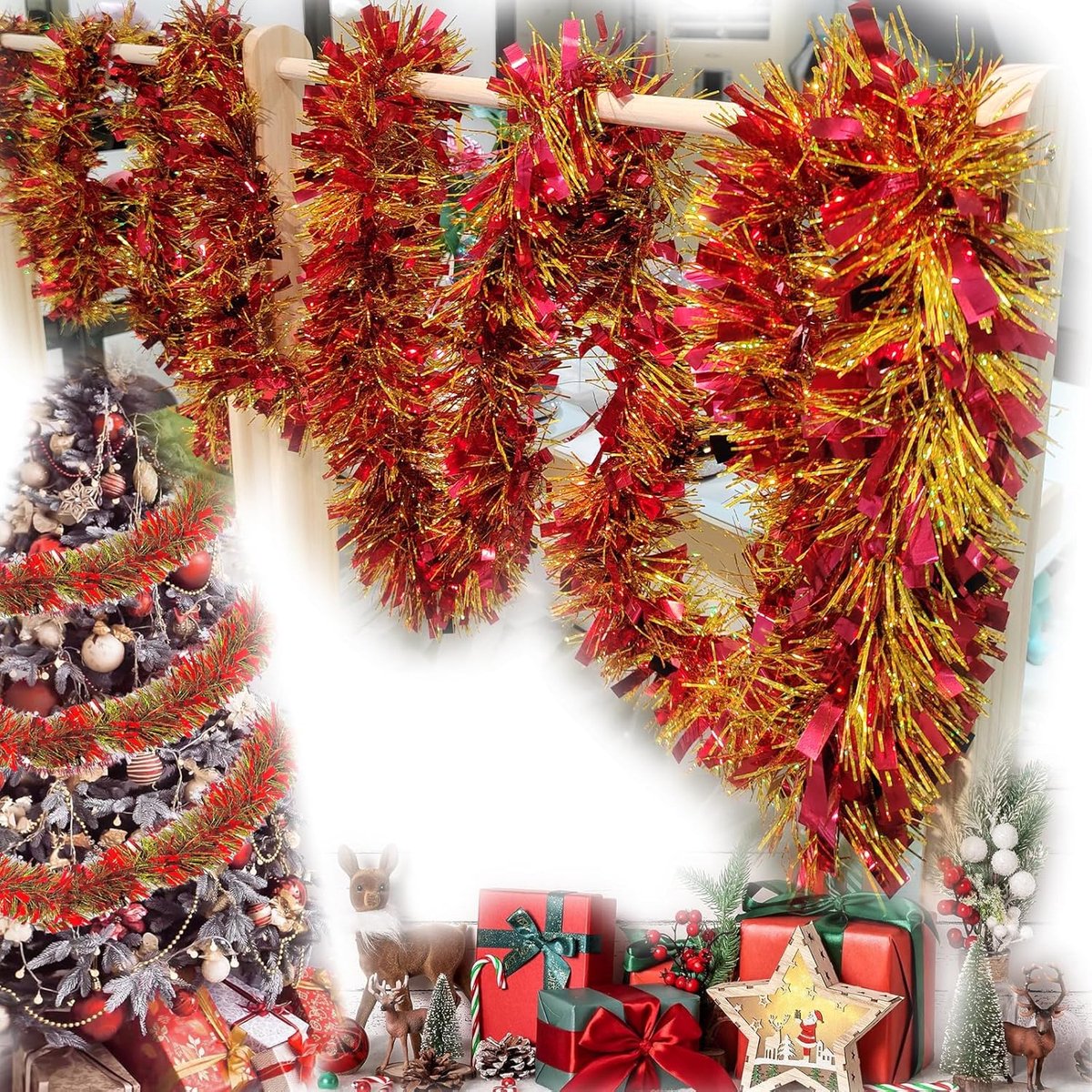 Glittering Metal Garlands, 4 x 2 m, Christmas Tree Garland, Lametta for Hanging, Artificial Christmas Garland for - ShopVlot