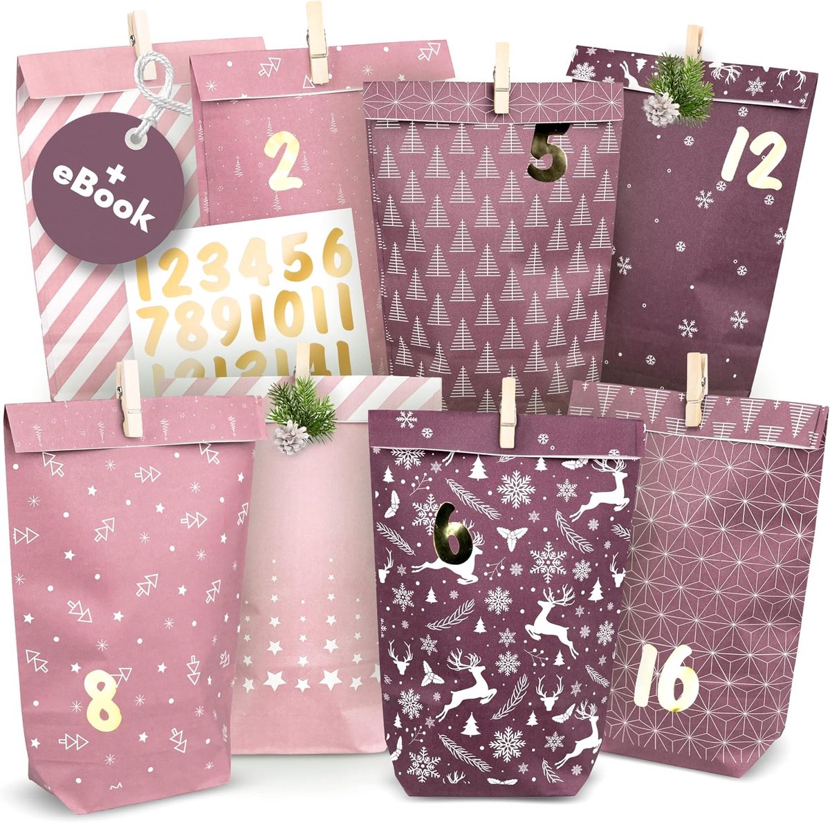 AMARI ® Advent Calendar for Filling No. 14 Midnight Rose - 24 Paper Advent Bags (with Wooden Clips) for Crafts for - ShopVlot