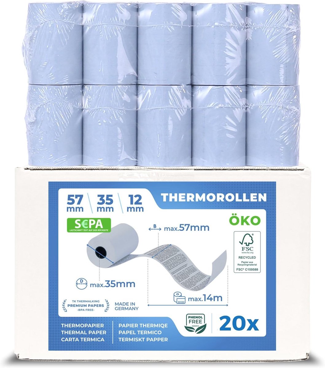 ÖKO - Thermal rollers for EC device or mobile printer 57 mm x 36 mm x 12 mm with SEPA welding writing - ShopVlot