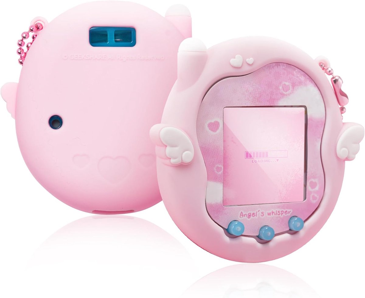 Cute Angel Whisper Silicone Case for Tamagotchi Uni, Full Body Protective Case with Decorative Stickers and Acrylic - ShopVlot