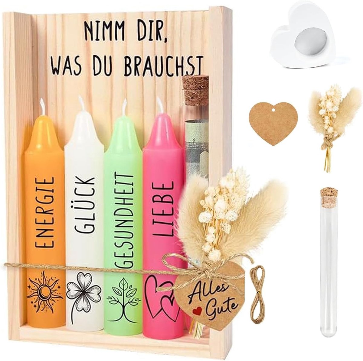 Kaarsenset met kaarsenhouder - houten doos - gedroogde bloemen - speciaal cadeau voor vrouwen - ShopVlot