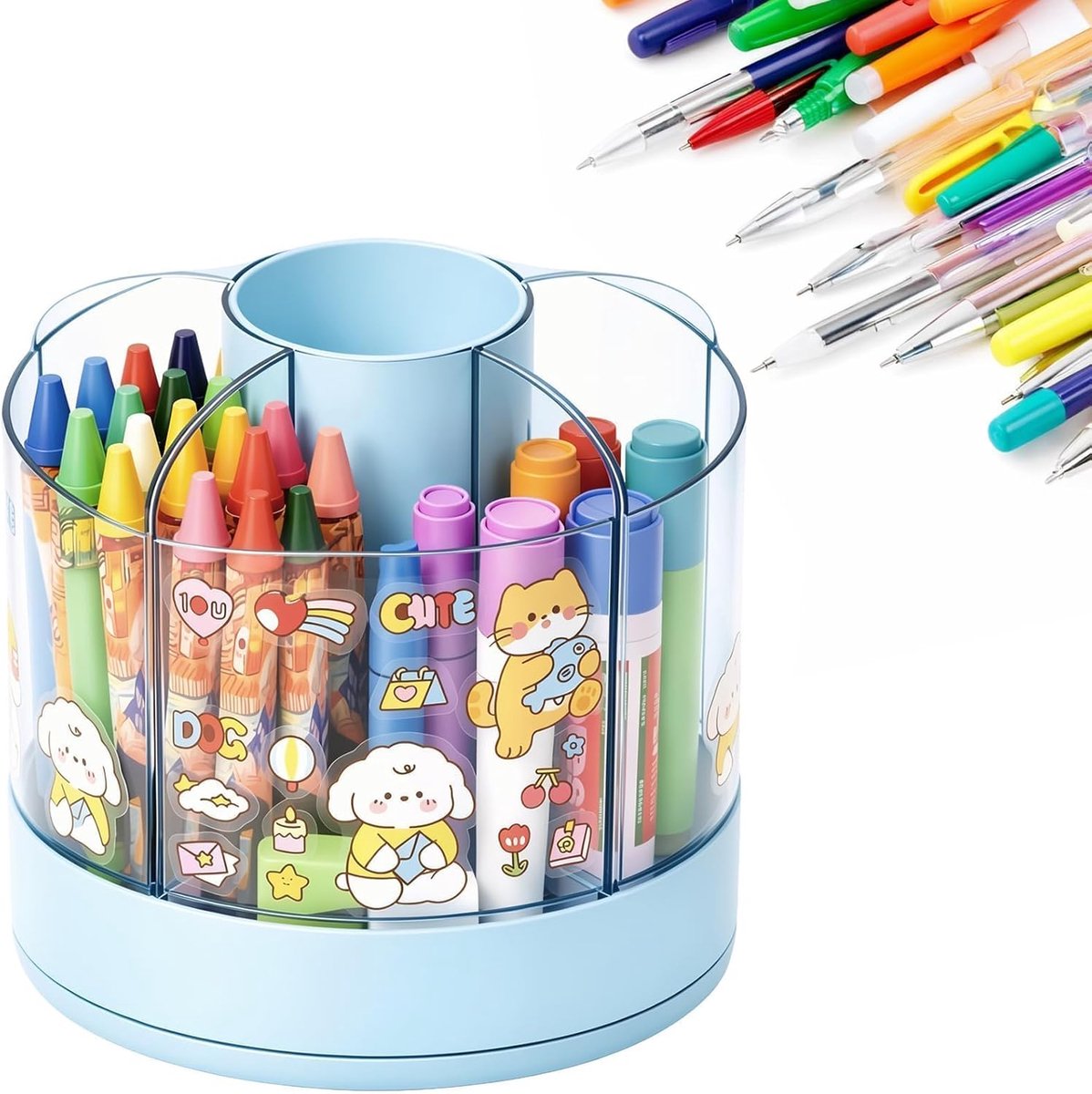 pennenhouder draaibaar 6 vakken - blauwe pennenorganizer - afneembaar en met stickers - efficiënt bureau gebruik - ShopVlot
