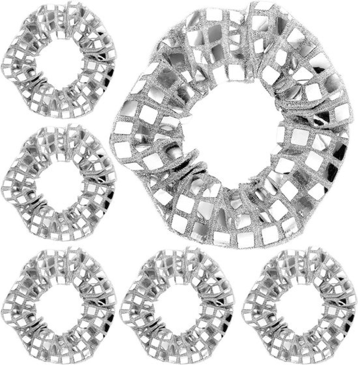 Set van 6 haarscrunchies met spiegelende disco-pailletten in zilver voor een feestelijke en opvallende haarstijl