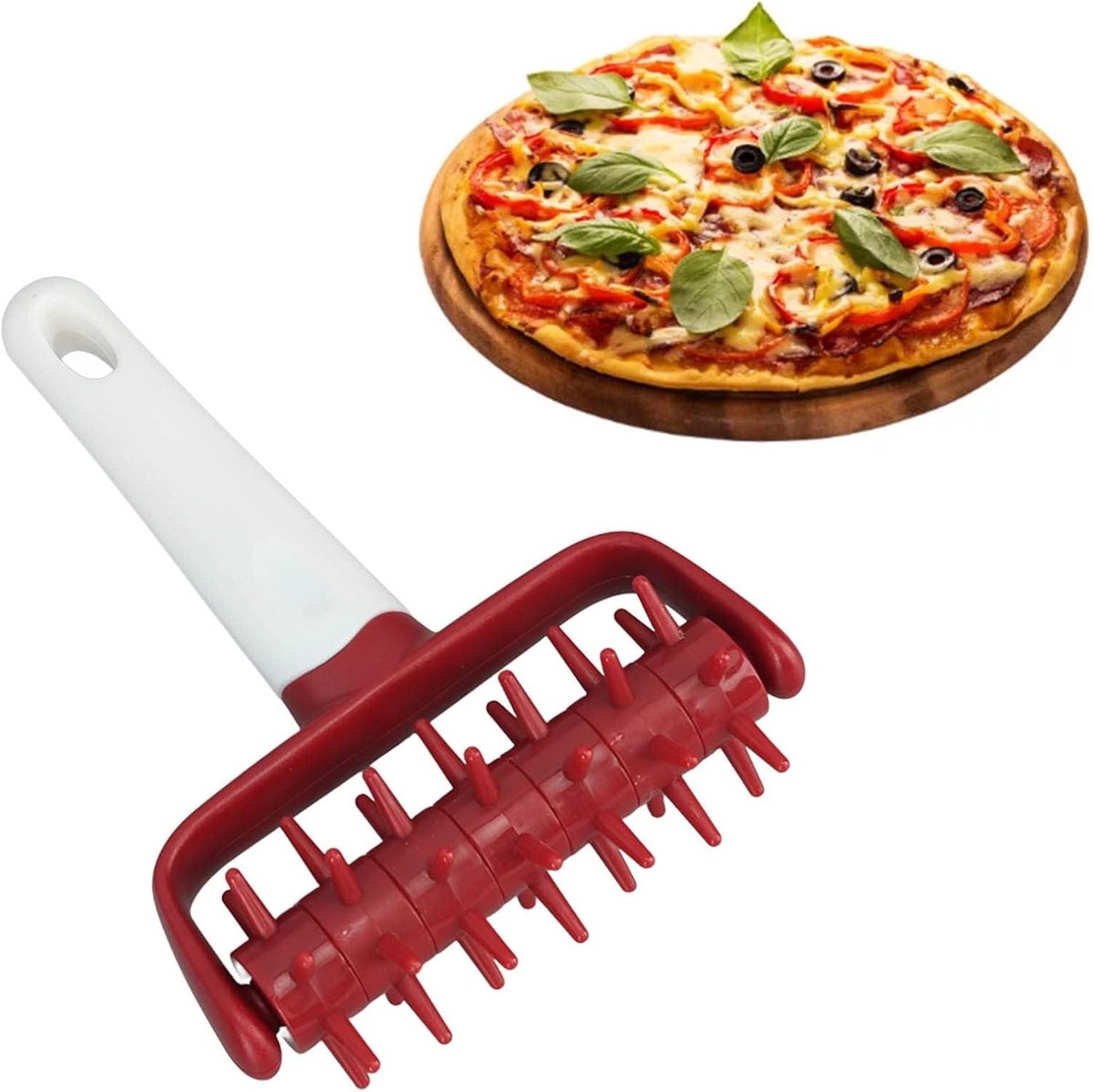 Pizzaroller 18,5 x 12,4 cm - plastic met spikes - antislip handgreep - voorkomt blaarvorming - ShopVlot