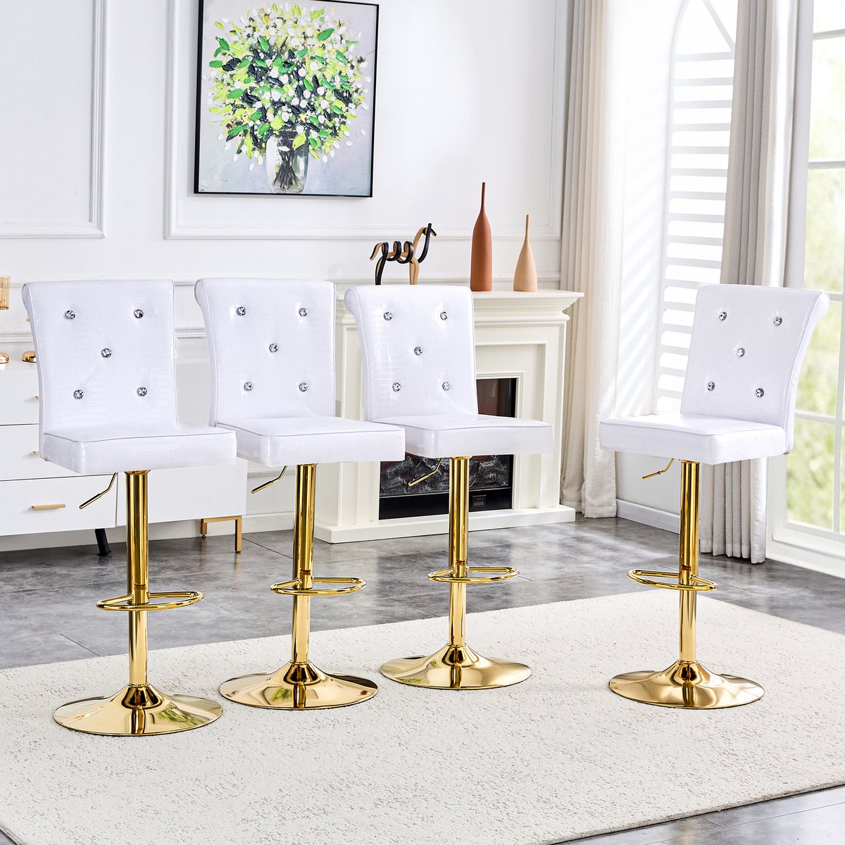 OKWISH Eetkamerstoel Set Van 4 - Vintage Hoogteverstelbare Barstoelen Met Voetsteun En Knopdetails - Voor Keuken En Eetkamer - Kunstleer - Wit