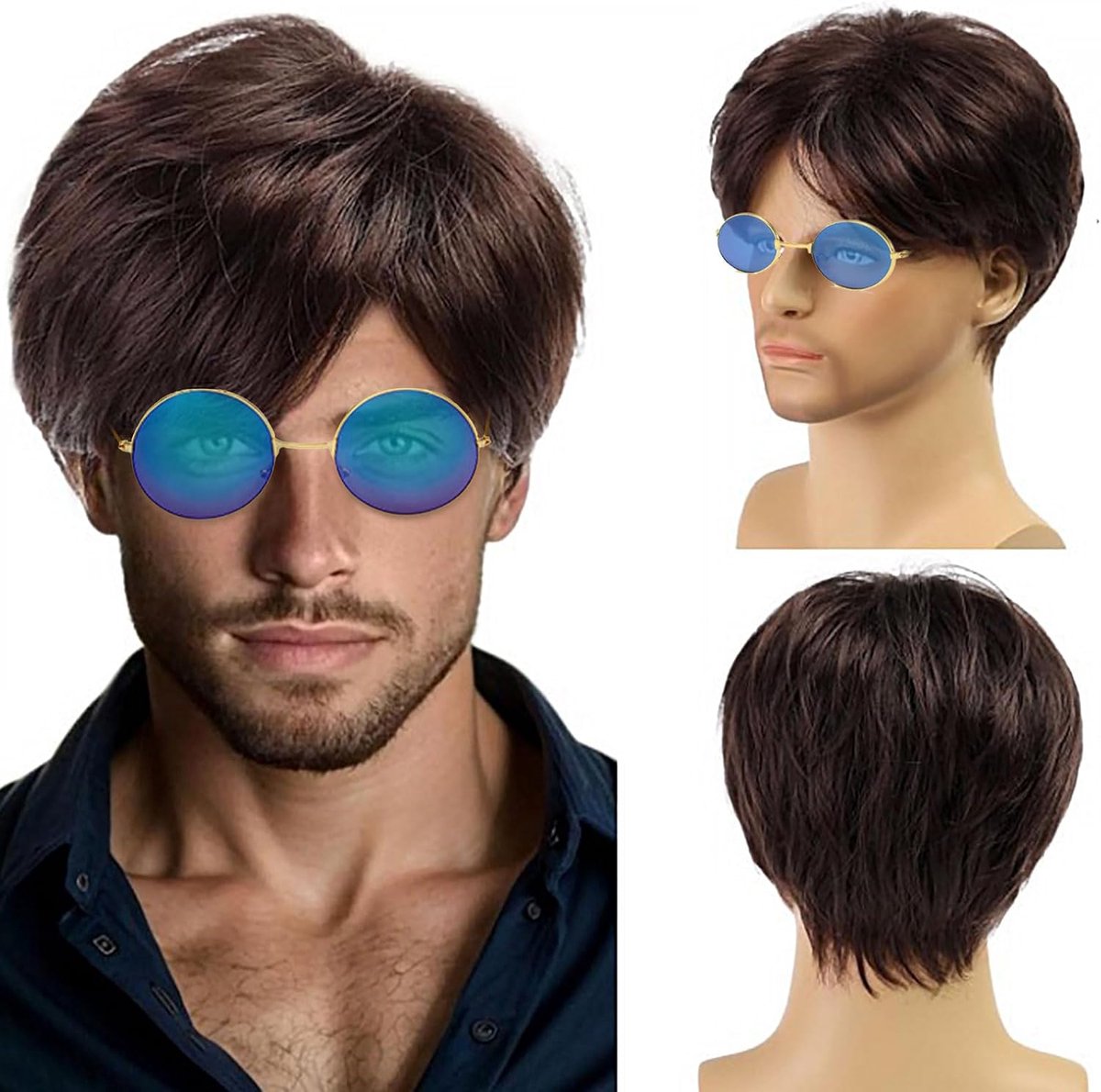 Heren kort haarstuk bruin - gelaagd synthetisch - 70's 80's disco stijl - ideaal voor cosplay - ShopVlot