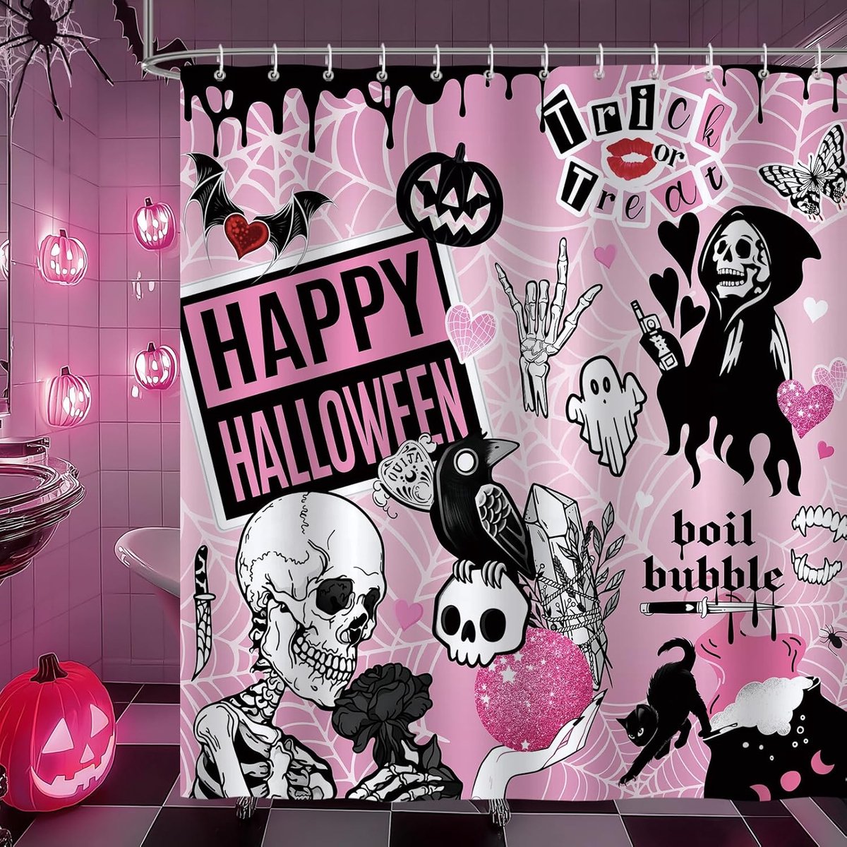 Douchegordijn Halloween 180x180cm - Polyester - Waterdicht en schimmelbestendig - Creepy en schattig ontwerp - ShopVlot