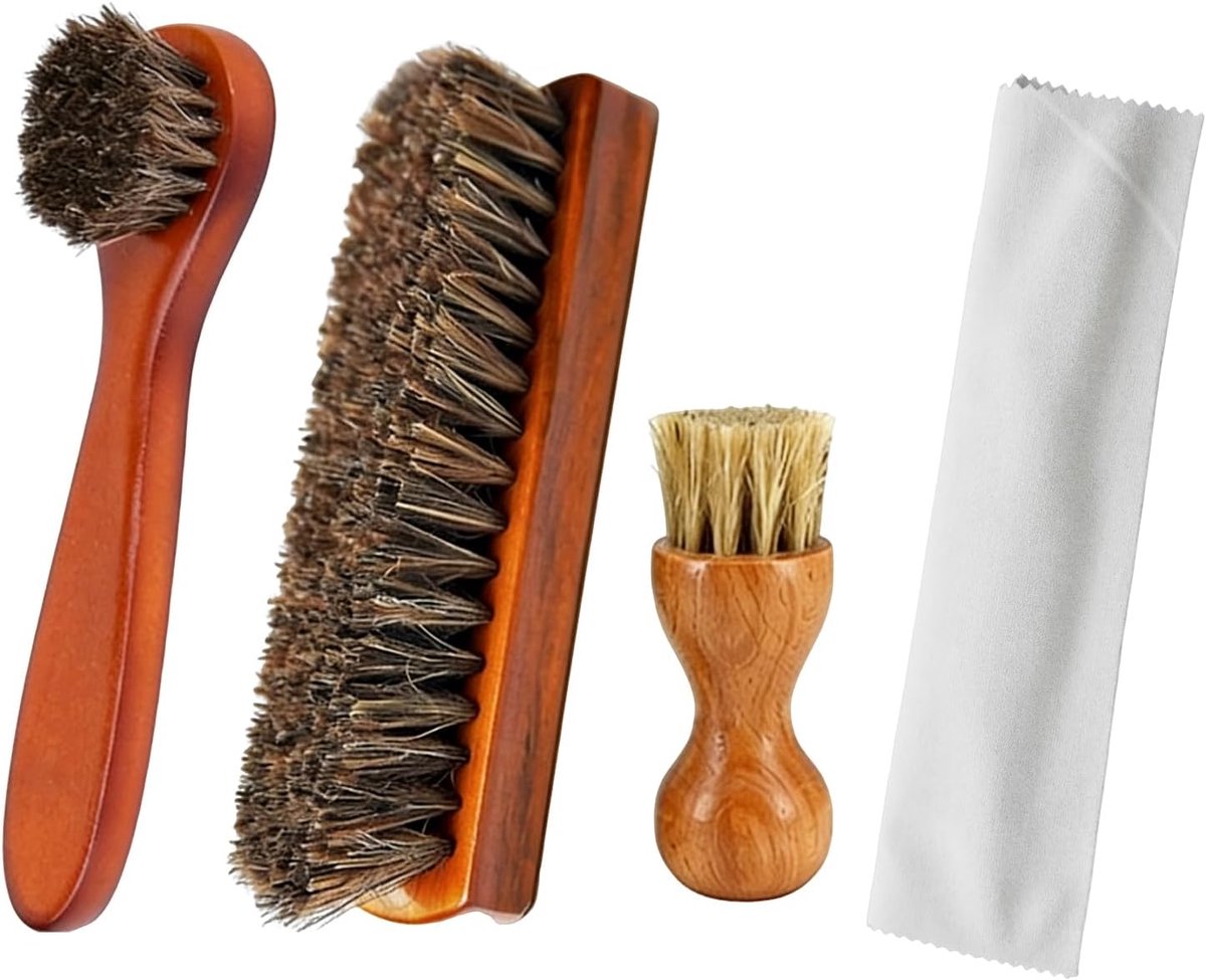 Schoenverzorgingsset - Leeronderhoud - Schoenen Onderhouden - Paardenhaar Borstel - 4 Delig - Nee