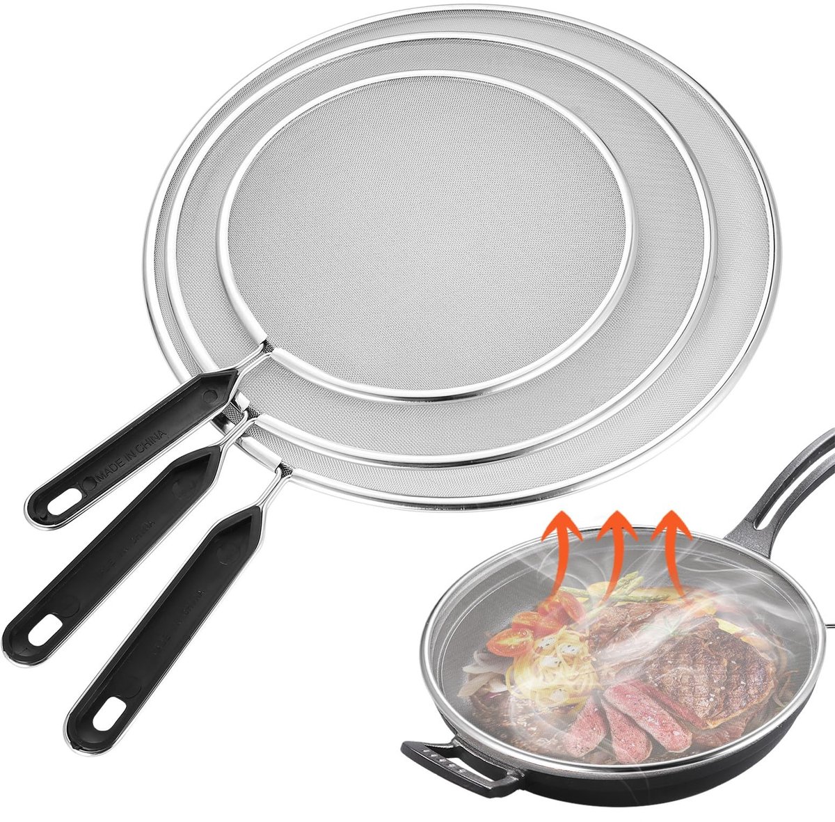 Thijox - 3-delige Roestvrijstalen Spatschermen voor Koekenpan - Vetgaas Spetterbeveiliging met Handvat - 19,1 cm, 24,9 cm, 29,0 cm - Spetterbestendige