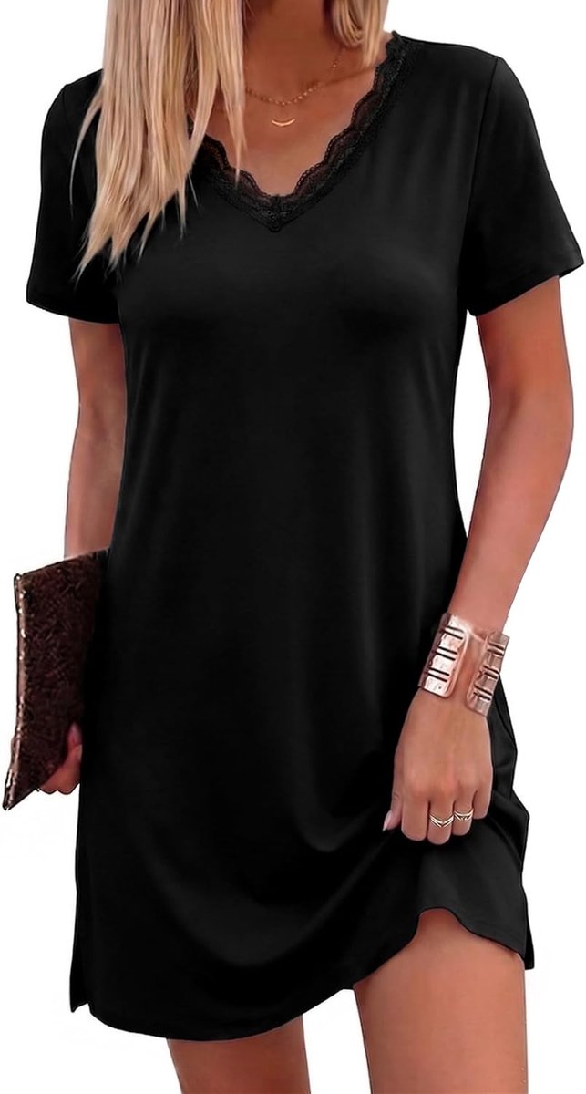 Nachtjurk korte mouw - katoen - V-hals - sexy kant detail - ShopVlot