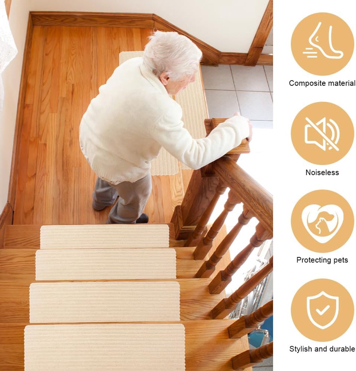 Trapmatten 15 Stuks Zelfklevend Binnen Antislip - Beige - Snijdbaar voor Bescherming van Huisdieren en Kinderen - ShopVlot
