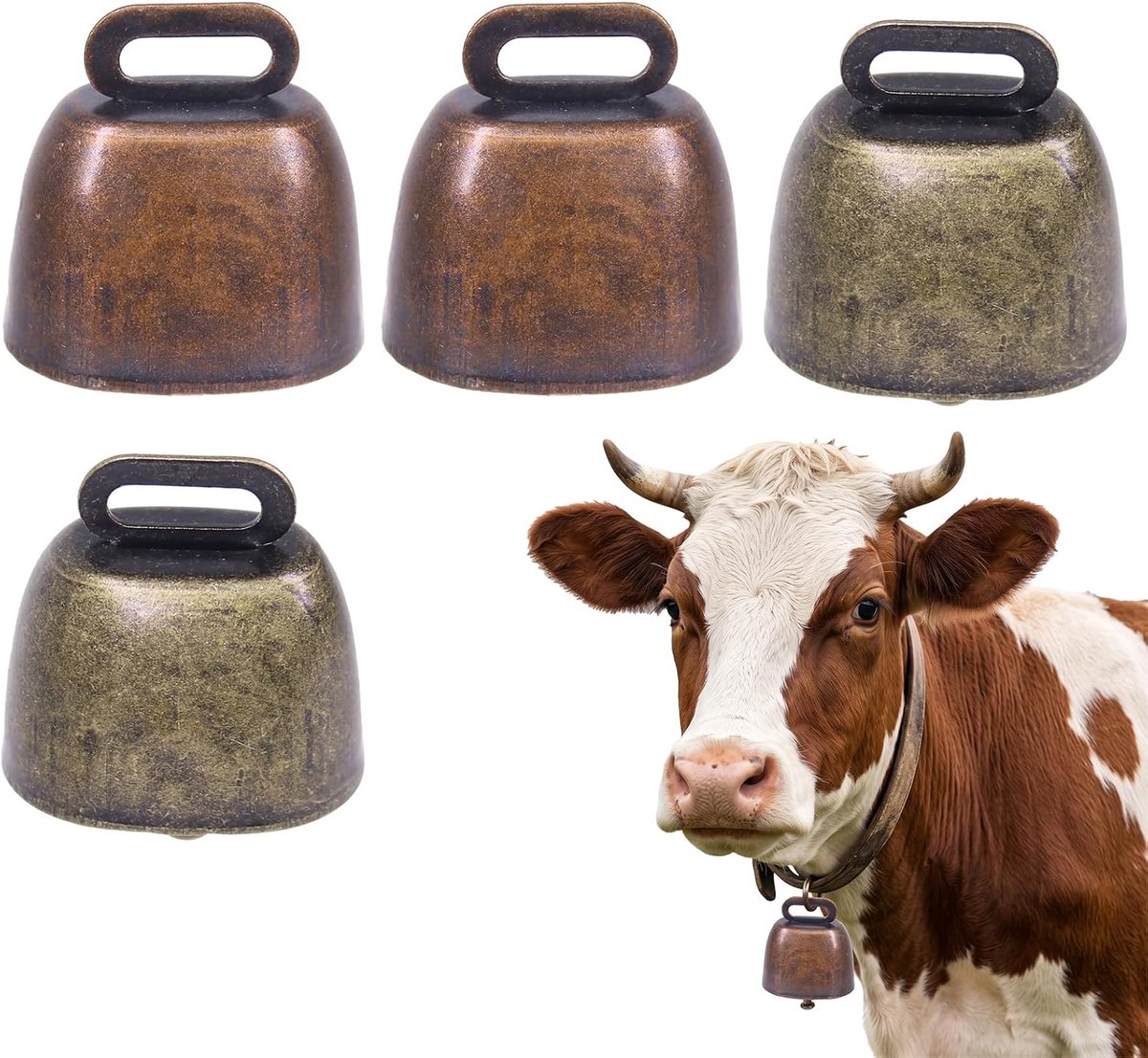 Koeienklokken set van 4 - brons en rood koper - sterke weidebel - helder geluid voor dieren - ShopVlot