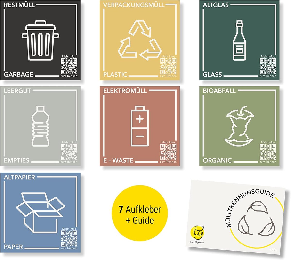 Afvalscheidingsstickers 7 stuks - Weerbestendig en UV-bestendig - Tweetalig DE/EN - ShopVlot