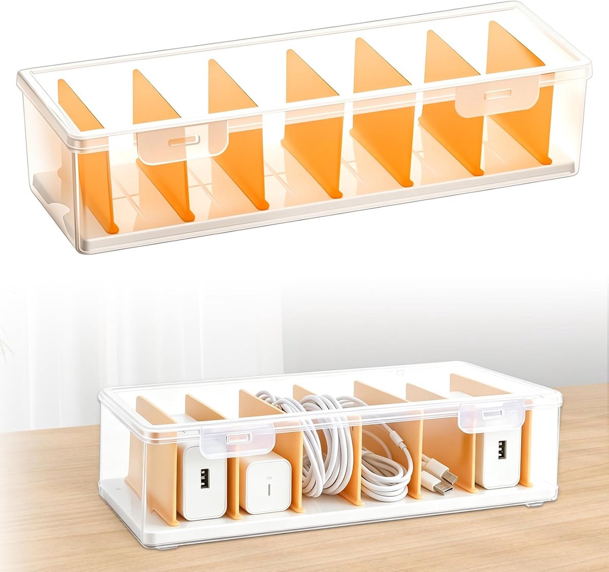 Kabelorganizer met 7 vakken - kunststof - transparant - voor nette kabelopslag - ShopVlot