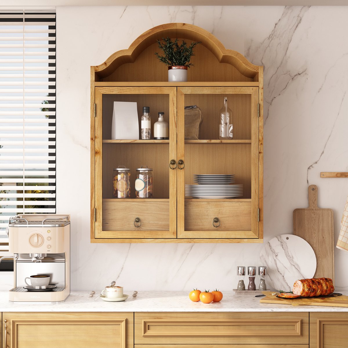 MIVRAY Wandschrank - Retro Wandkast Met Glazen Deuren En Lades - Voor Keuken Badkamer Eetkamer En Woonkamer - Hout Naturel - 60x22x76,5 Cm