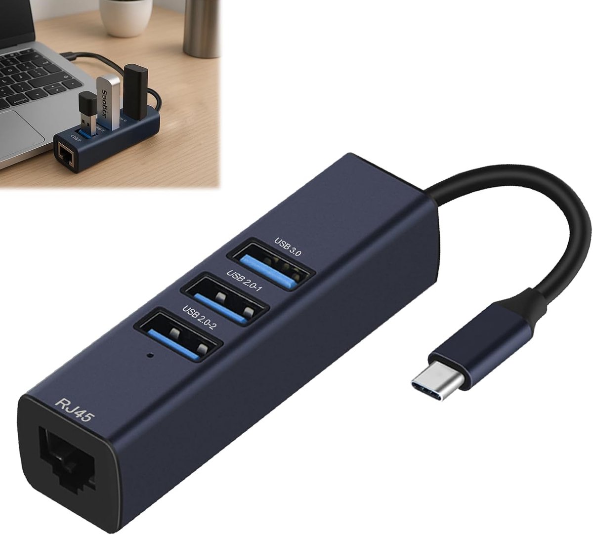 USB-C hub 4-in-1 - Gigabit Ethernet adapter - 3 USB 3.0 poorten - ideaal voor thuiswerken - ShopVlot
